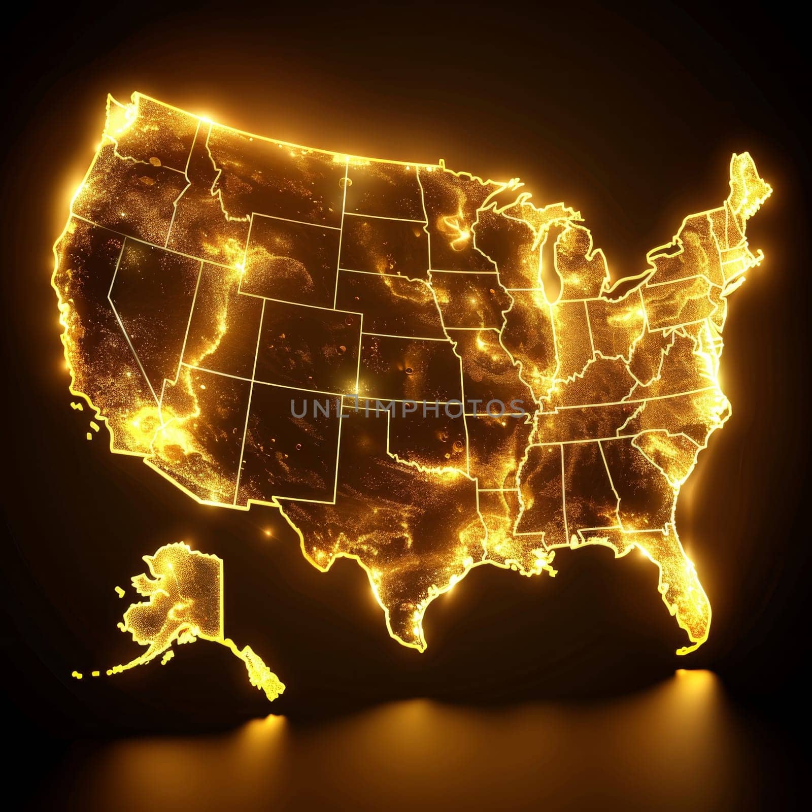A highly detailed map of the United States glows warmly against a dark background, highlighting each state boundary and major cities, creating an eye-catching visual of the country at night.