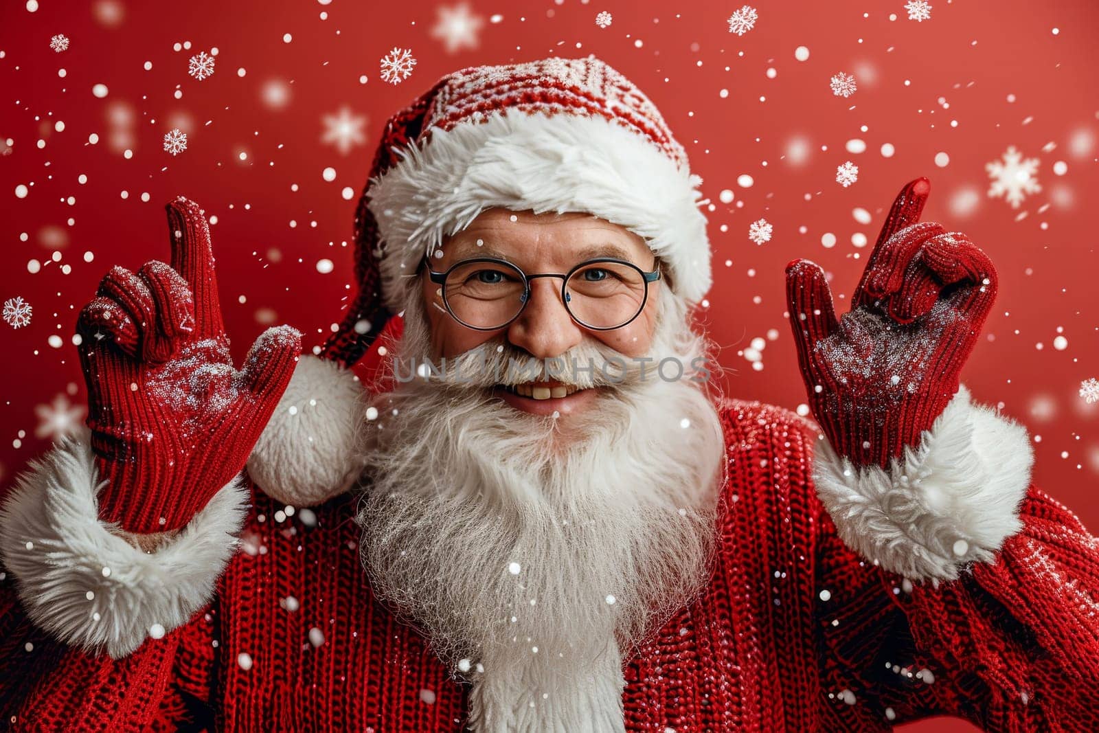 A cheerful Santa Claus wearing a traditional red outfit and glasses happily gestures with both hands, surrounded by falling snowflakes against a vibrant red background, embodying holiday spirit.