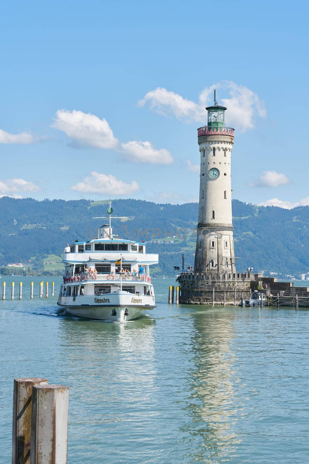 The passenger ship MS Schwaben entering the port of Lindau on Lake Constance, Bodensee in Germany