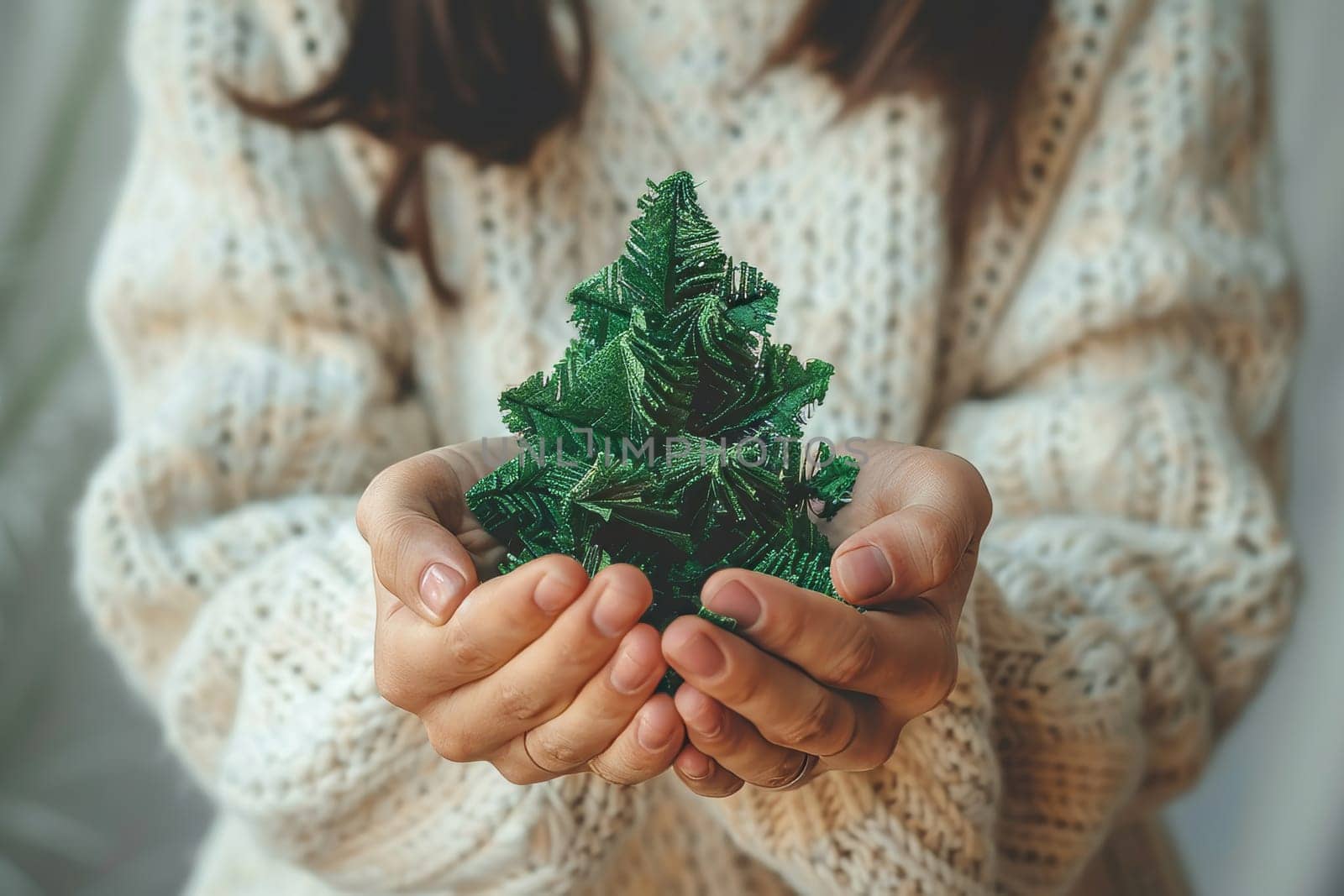 A person wearing a cozy sweater gently cradles a small green decorative Christmas tree in their hands. The setting is warm and inviting, reflecting the spirit of the holiday season.