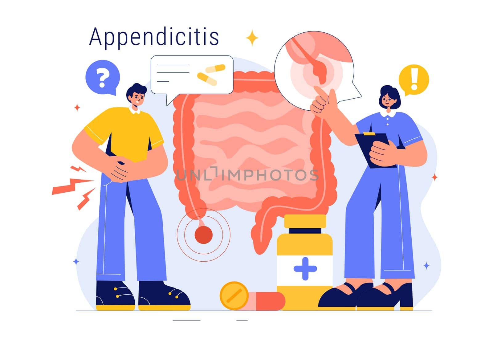 Appendicitis Vector Illustration Featuring Inflammation of the Appendix and Stomach Treatment in a Healthcare Flat Style Cartoon Background