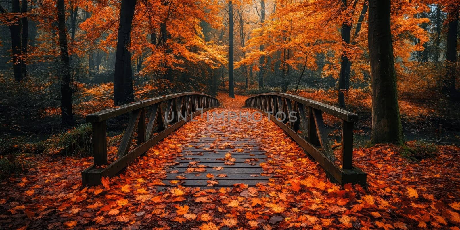 Red wooden bridge, autumn maple leaves. AI generative.