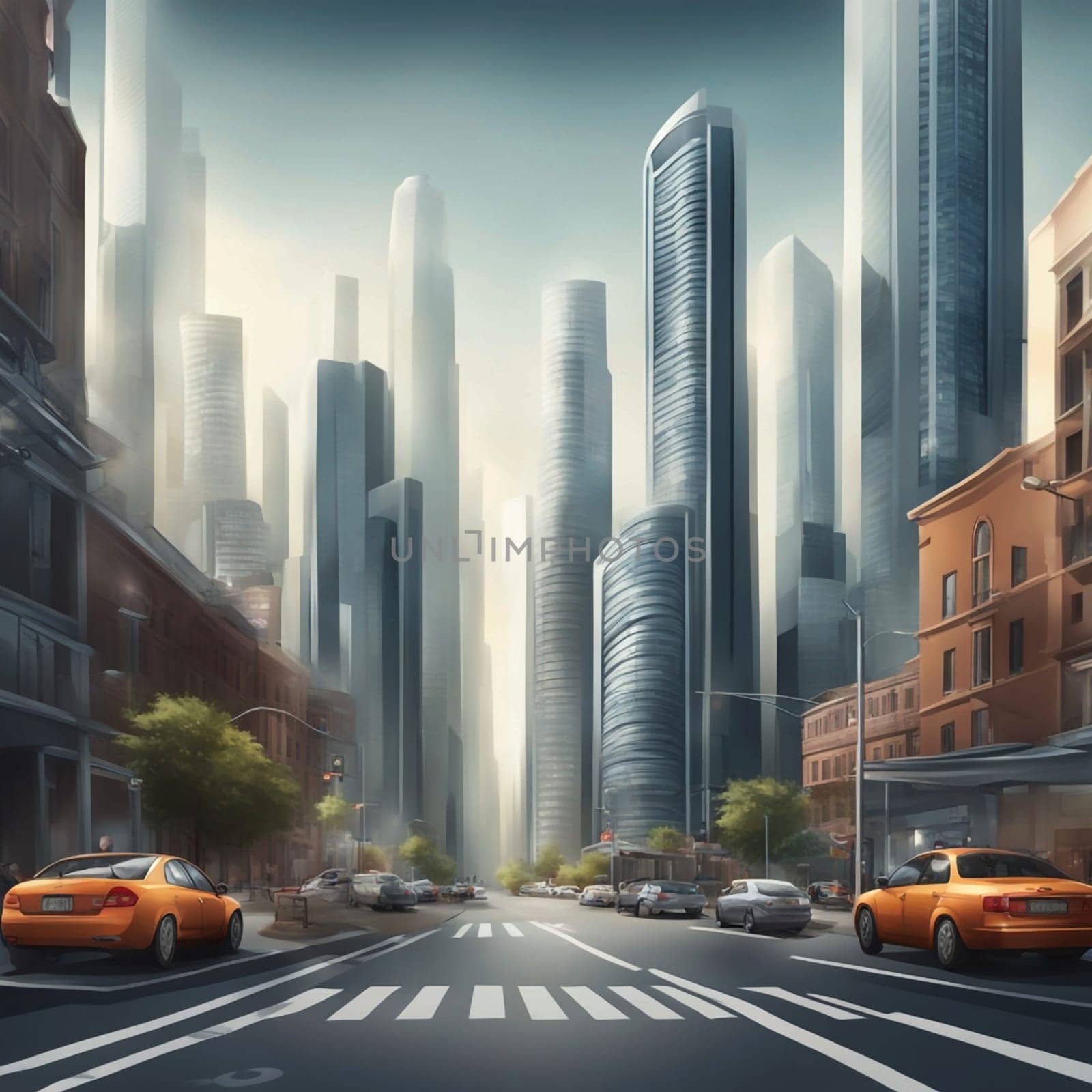 A city street with tall buildings and yellow cars. A high-quality AI-generated photo.