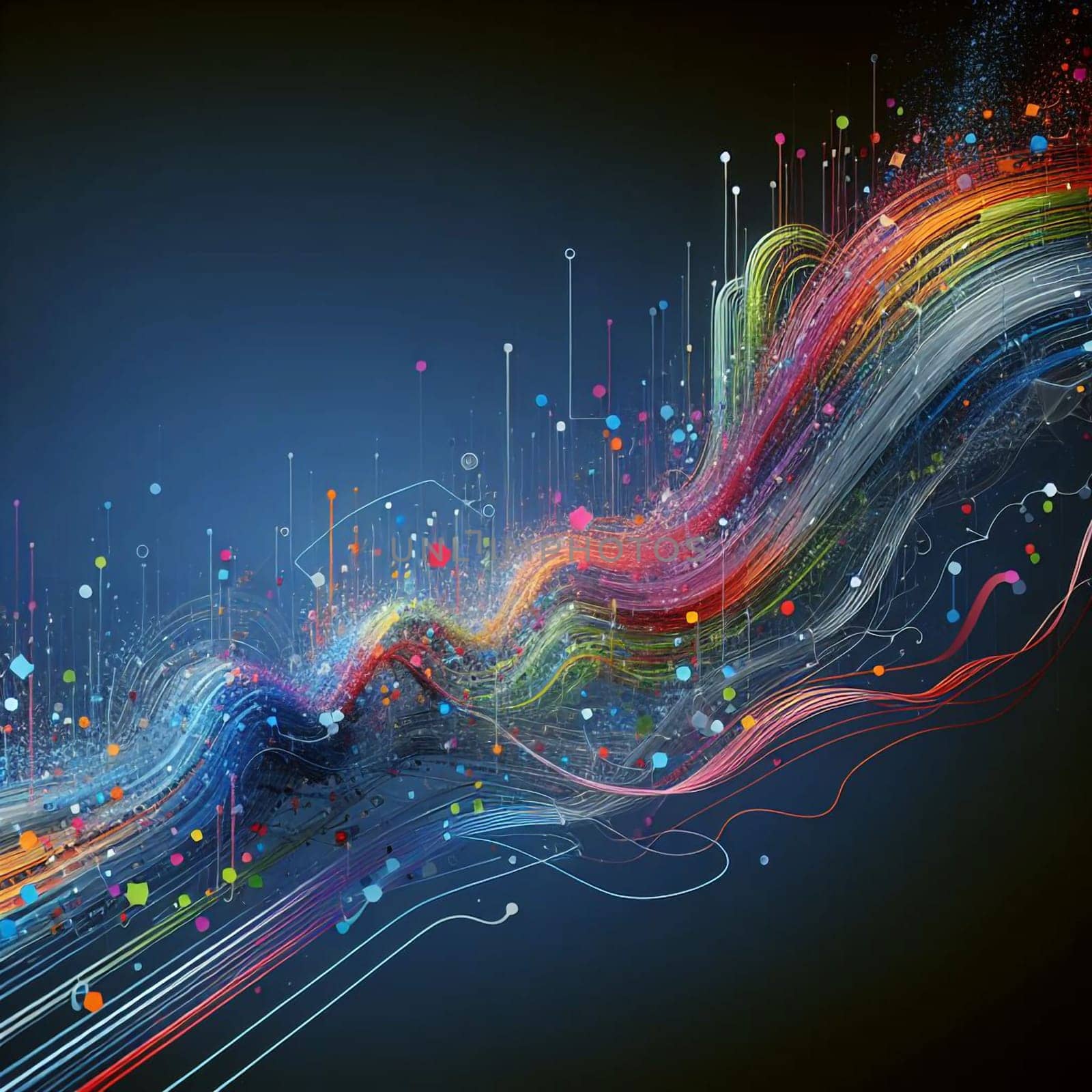 A wave of colorful lines and dots on a blue background, representing data and information flow. A high-quality AI-generated photo.