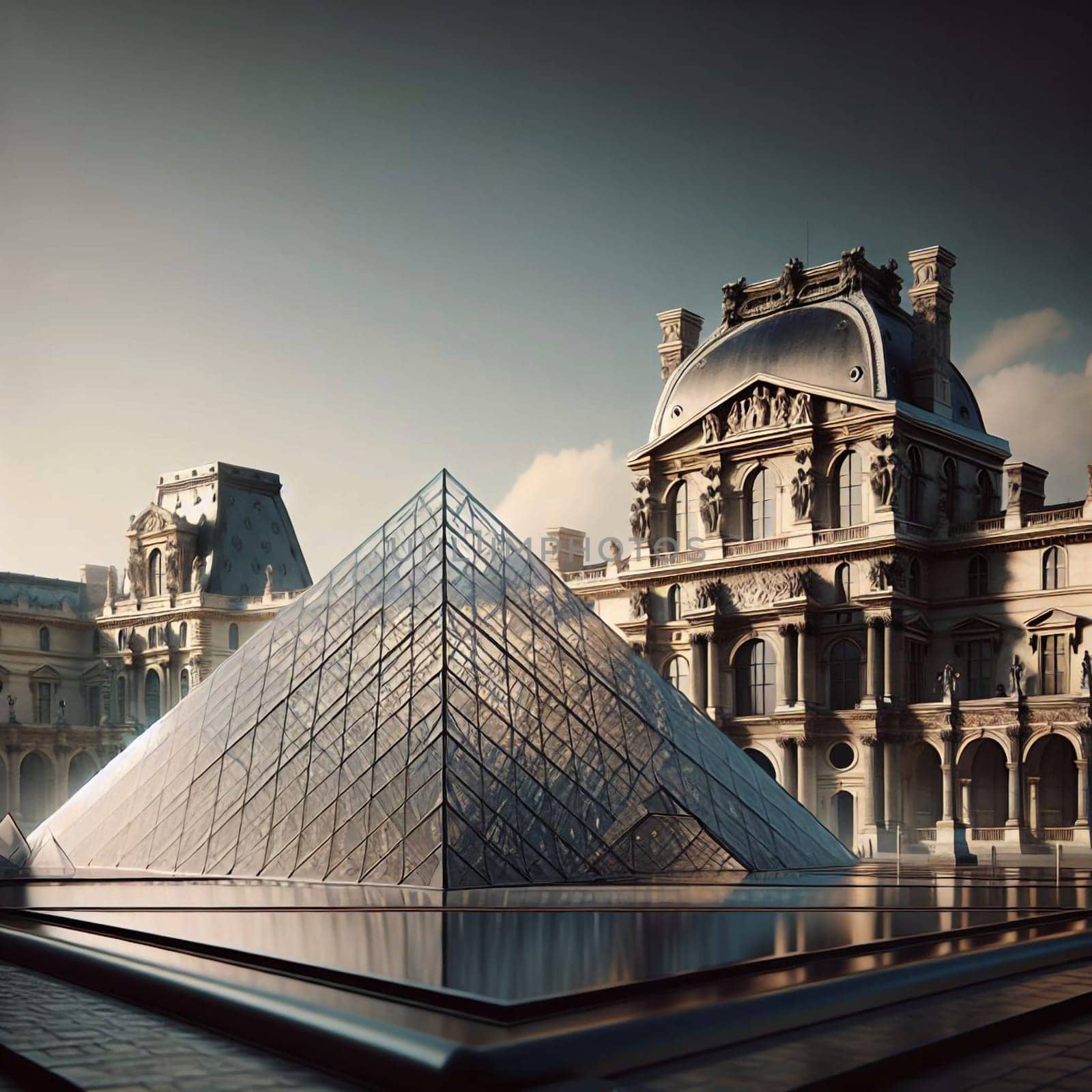 A view of the Louvre Museum in Paris, with the iconic glass pyramid in front. A high-quality AI-generated photo.