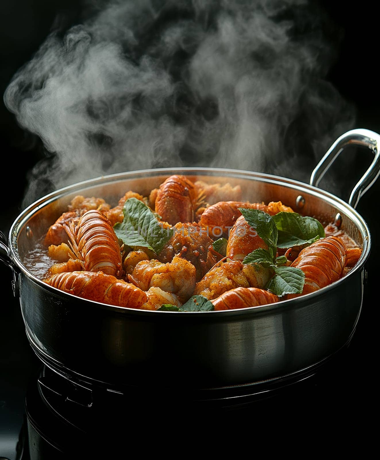 crawfish in a hot pot, full of red sauce . AI generative.