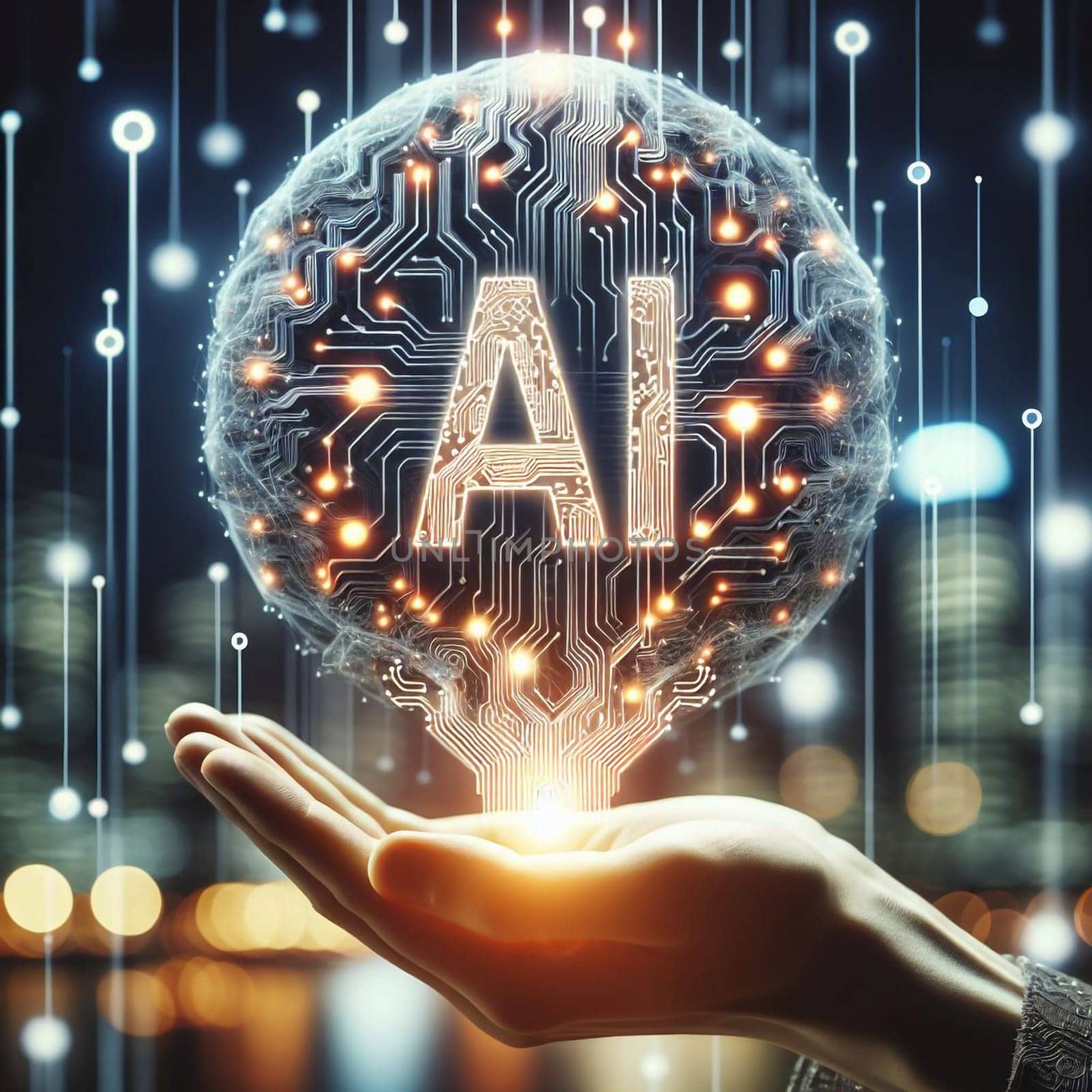 A hand holding a glowing AI orb, representing artificial intelligence. A high-quality AI-generated photo.