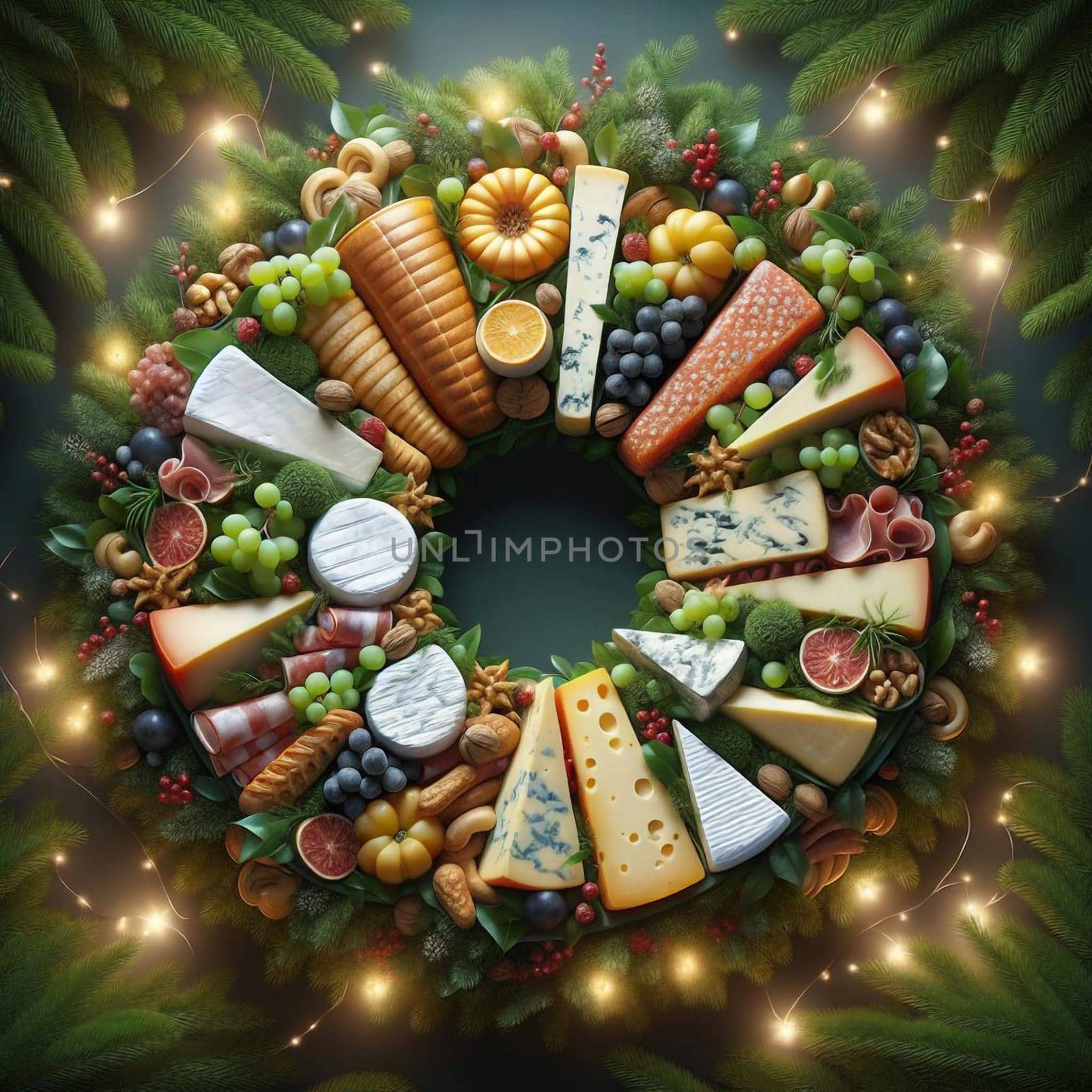 A Christmas wreath made of cheese, salami, grapes, figs, and other festive food items. The wreath is placed on a wooden table with Christmas decorations. A high-quality AI-generated photo.