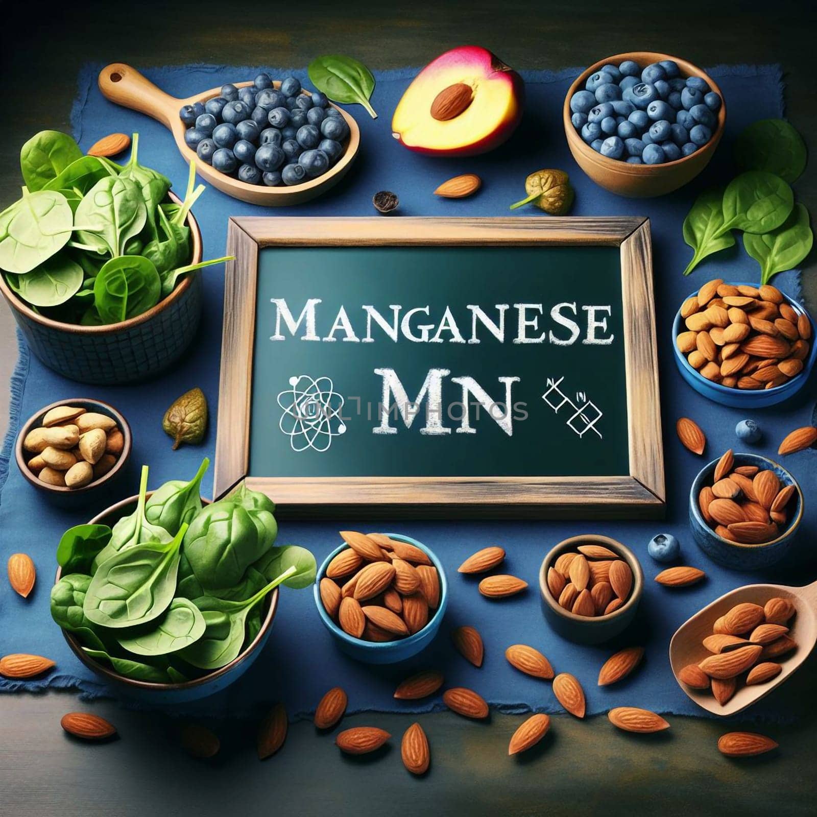 A chalkboard with the word MANGANESE and the chemical symbol MN, Surrounding the chalkboard are bowls of blueberries, spinach, almonds, and other foods rich in manganese. A high-quality AI-generated photo.