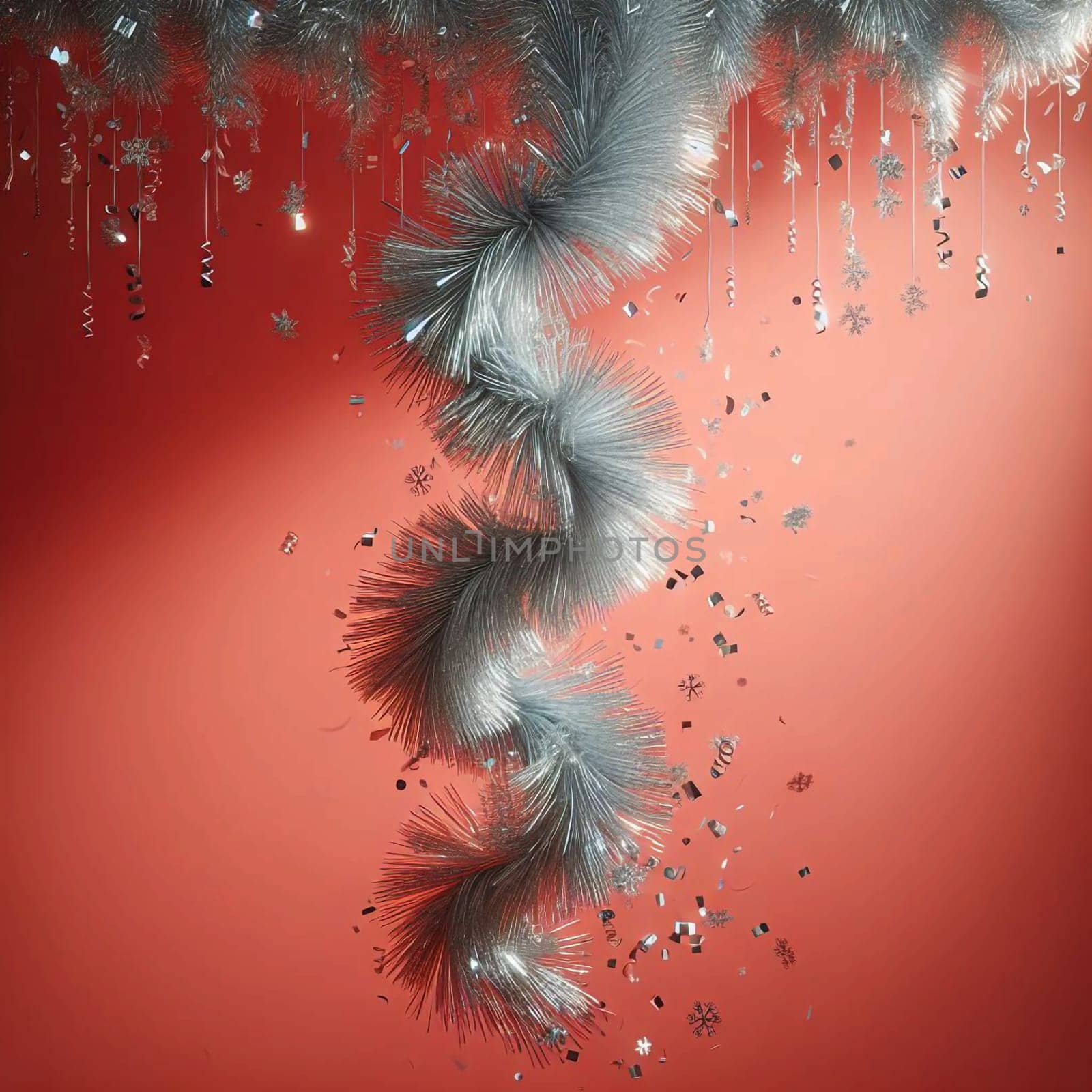 A silver, swirling, Christmas decoration hanging from a red background. There is silver confetti falling around it. A high-quality AI-generated photo.