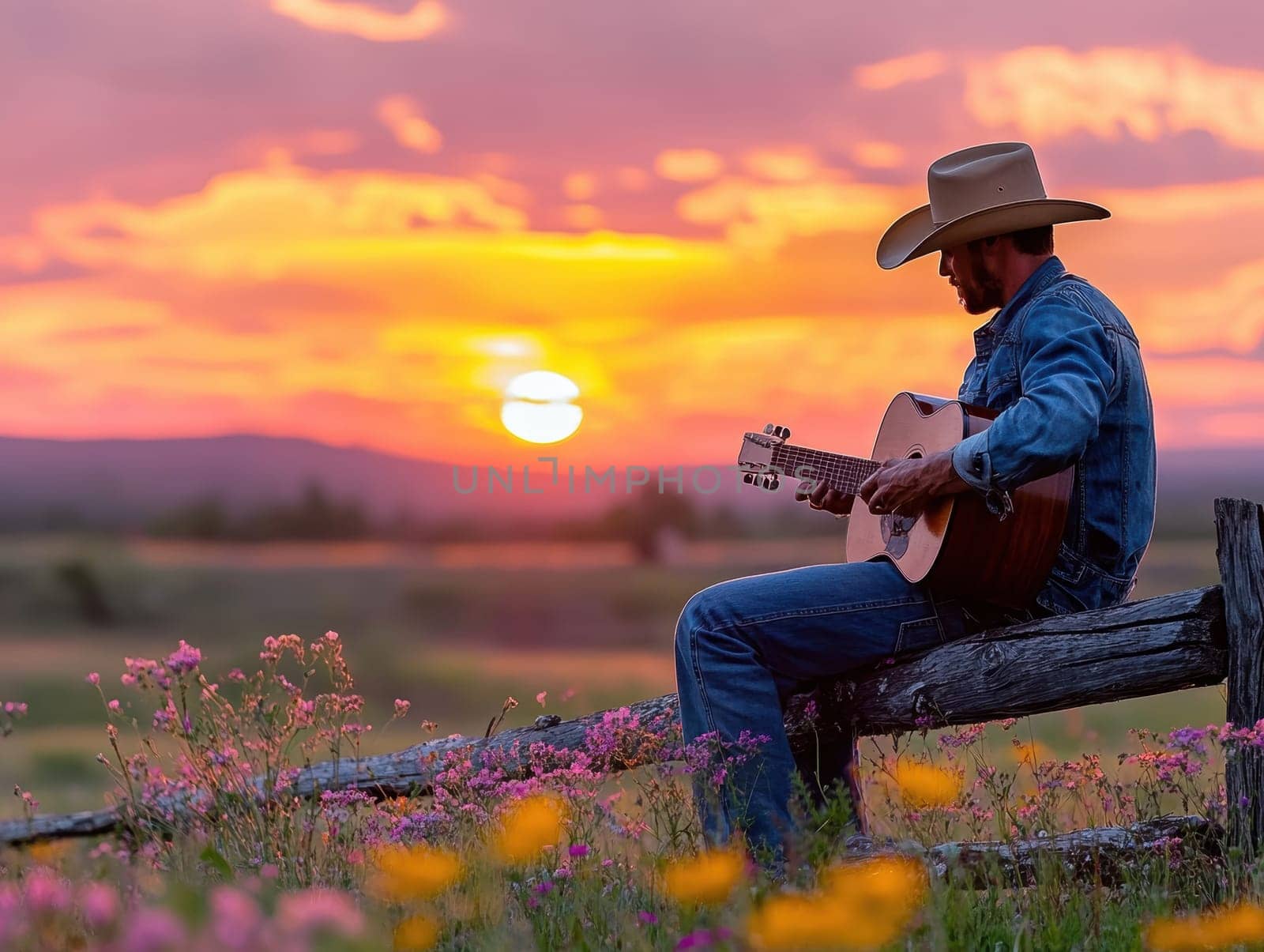 A cowboy sitting on a wooden fence, playing an acoustic guitar . AI generative.