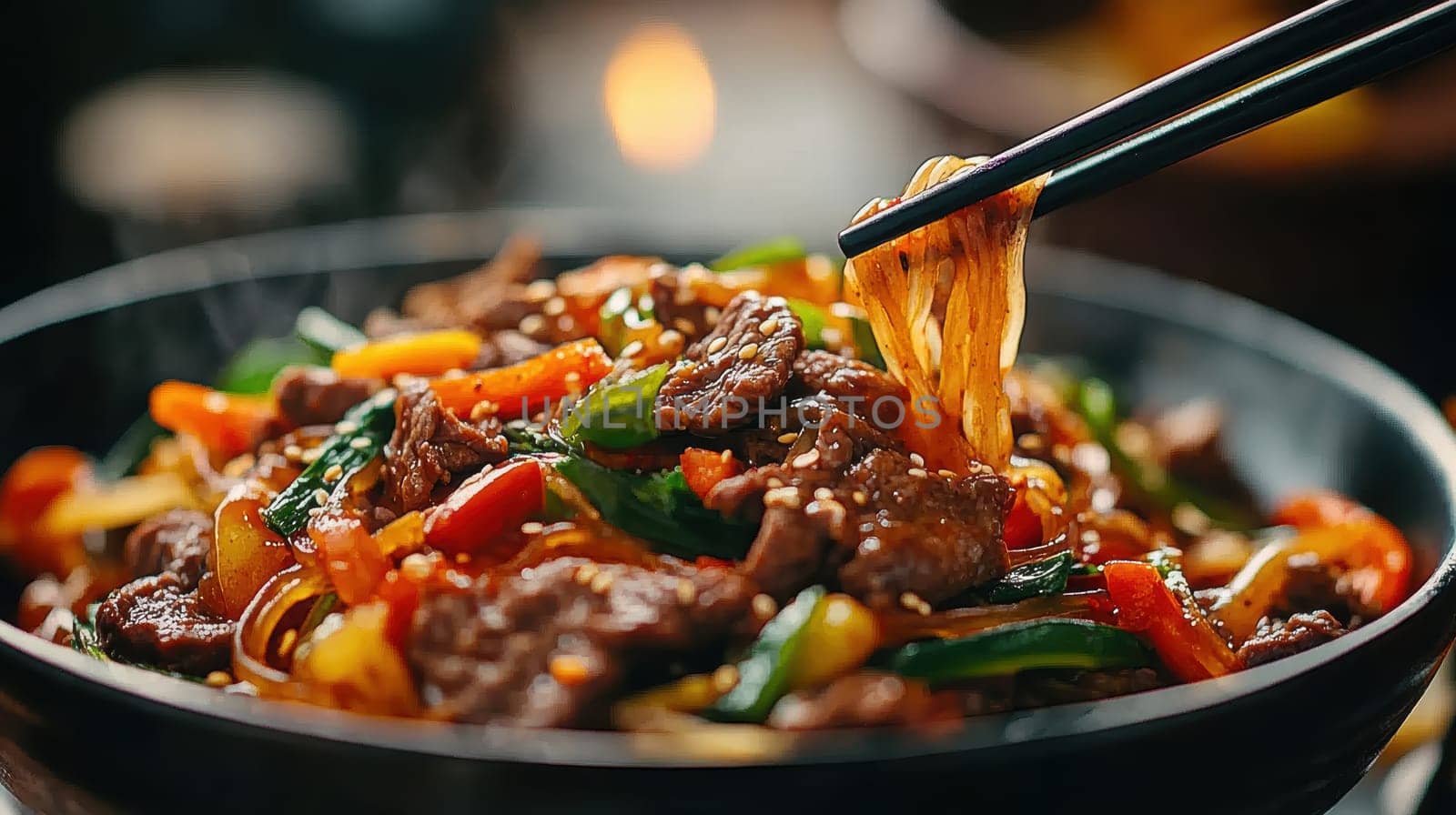 Glass noodles with vegetables and beef. AI generative.