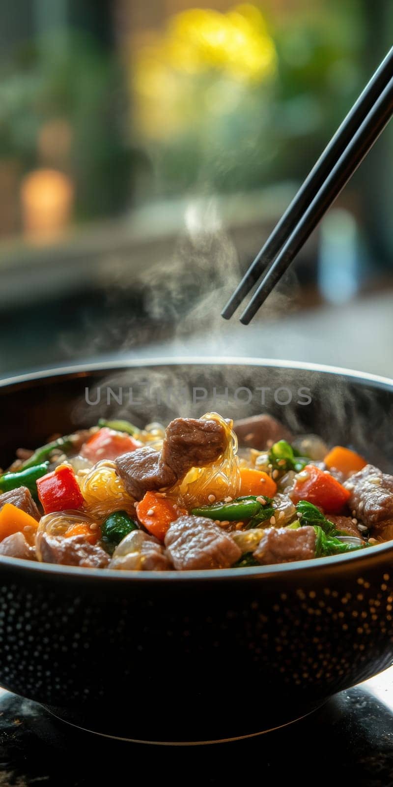 Glass noodles with vegetables and beef. AI generative.