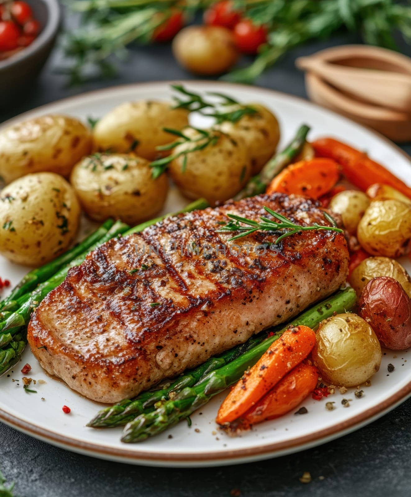 cooked duck breast, accompanied by a variety of caramelized vegetables. AI generative.