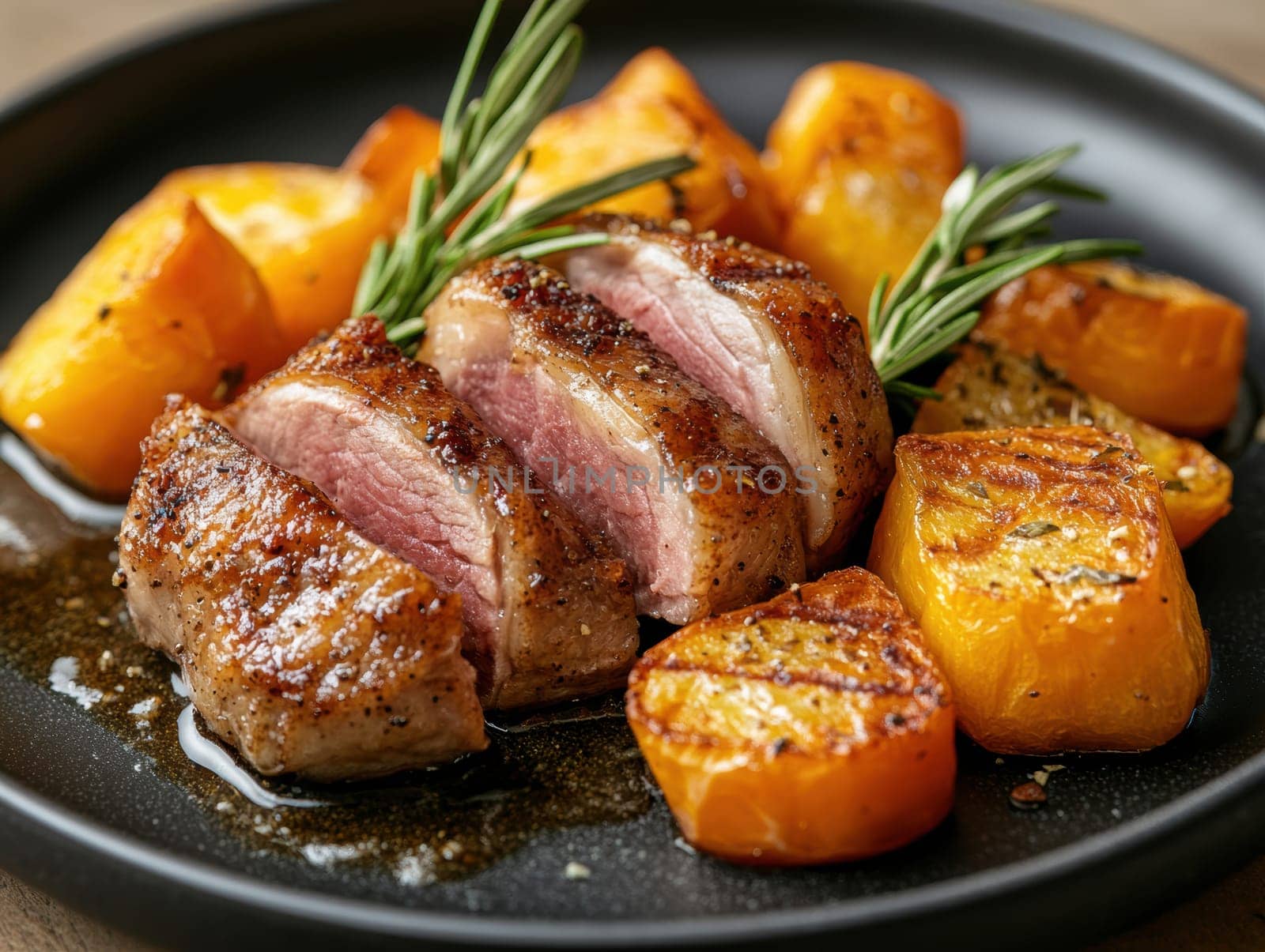 cooked duck breast, accompanied by a variety of caramelized vegetables. AI generative.