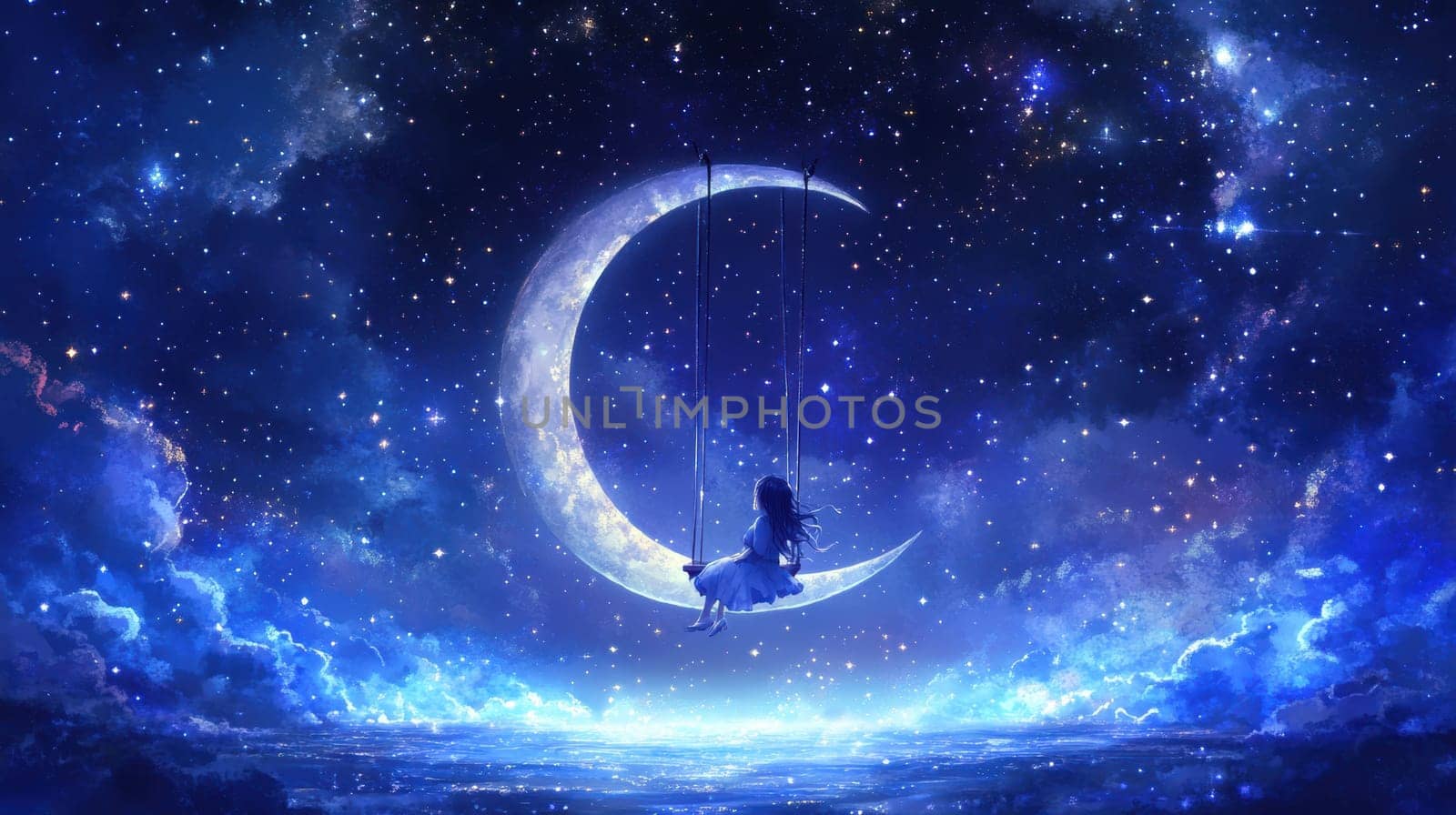 Sitting and hustling on the Crescent Moon girl, in the background the night sky full of stars. AI generative.