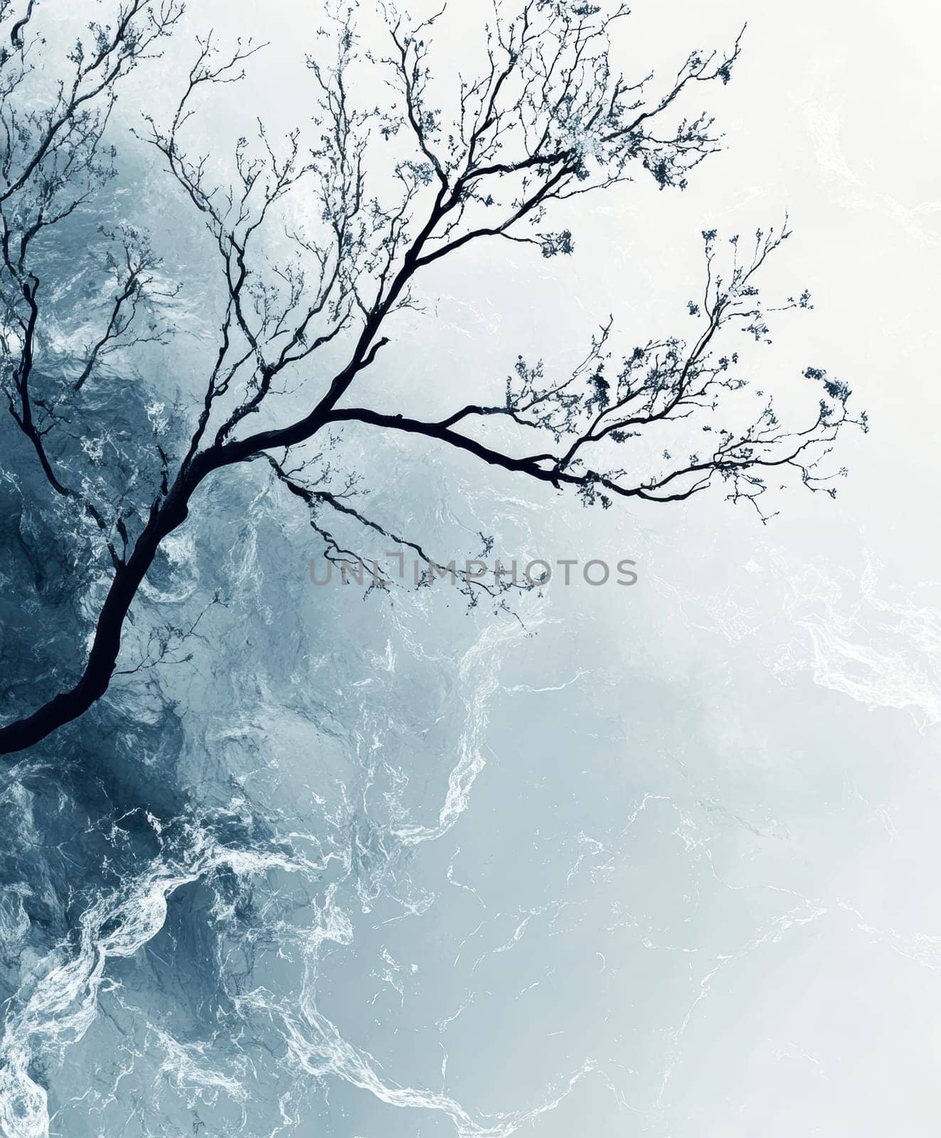 large flowers and small branches printed on top, inspired by abstract expressionist art. AI generative.