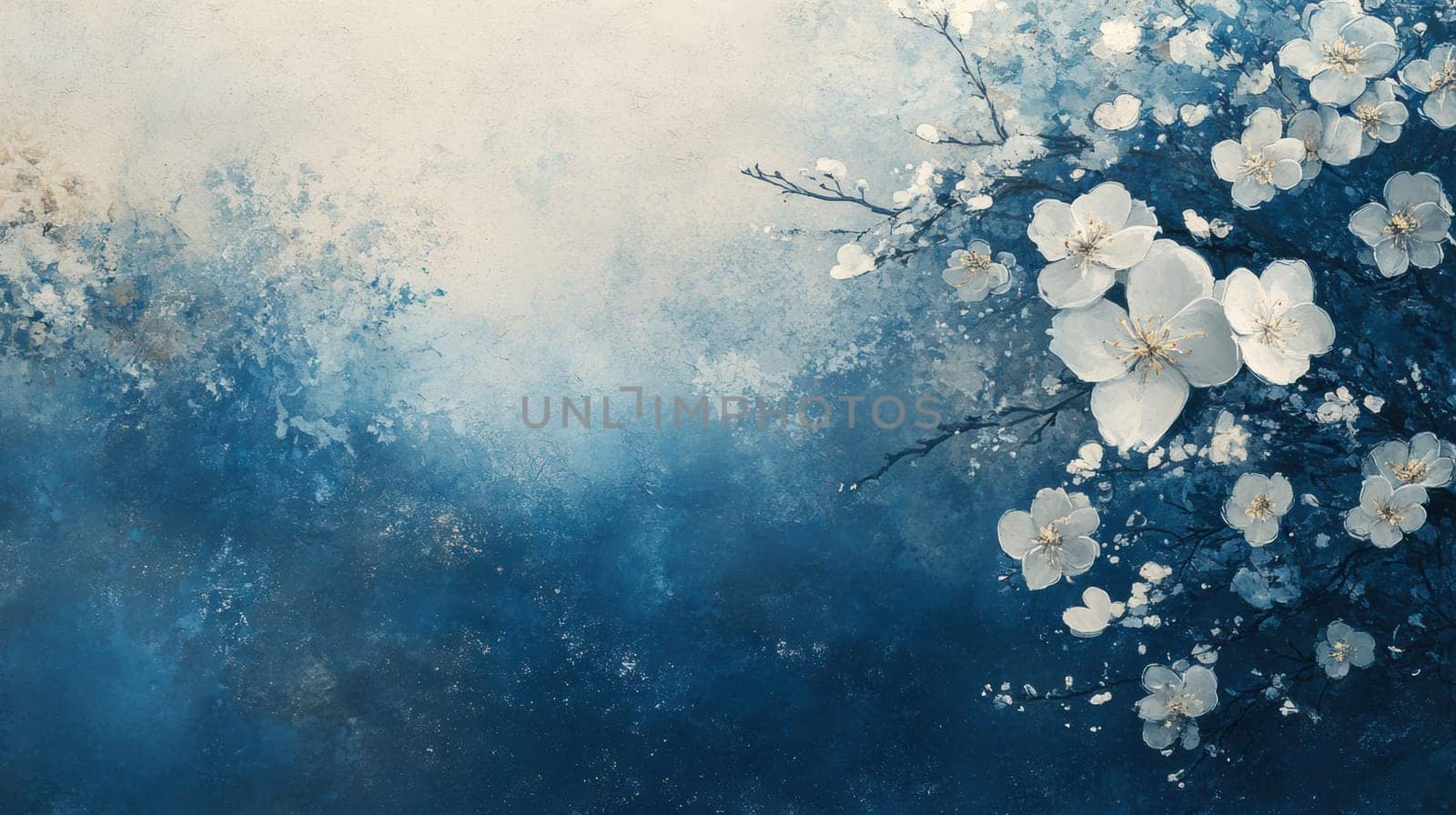 large flowers and small branches printed on top, inspired by abstract expressionist art. AI generative.