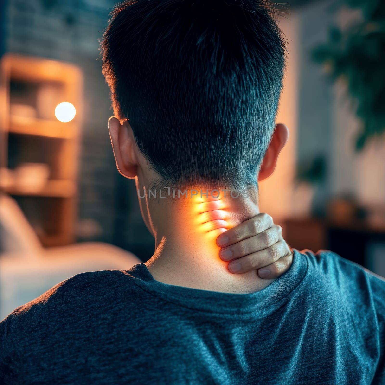 digital composite of highlighted neck of a man with neck pain. AI generative.