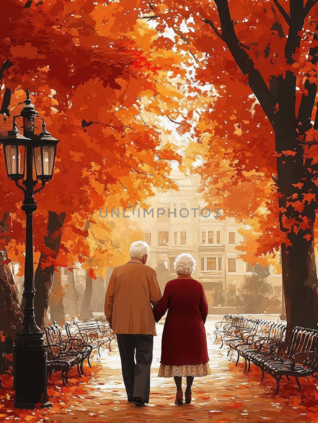 elderly couple is taking a walk in the country lane under the shade of trees. AI generative.