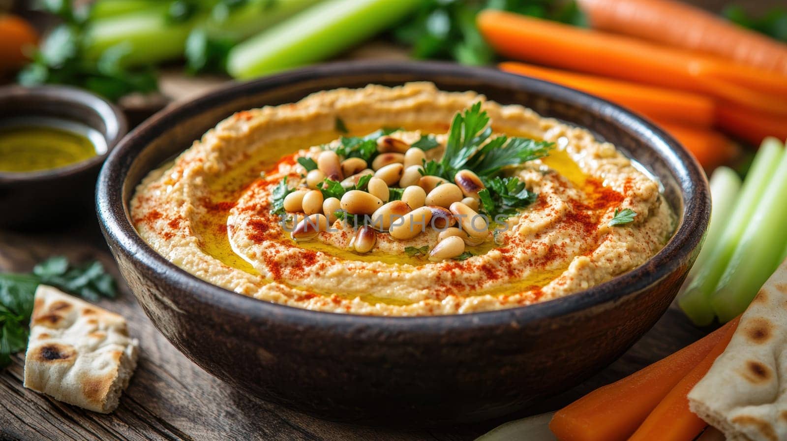 roasted garlic hummus served in bowl topped with paprika, flat parsely and roasted pine . AI generative.