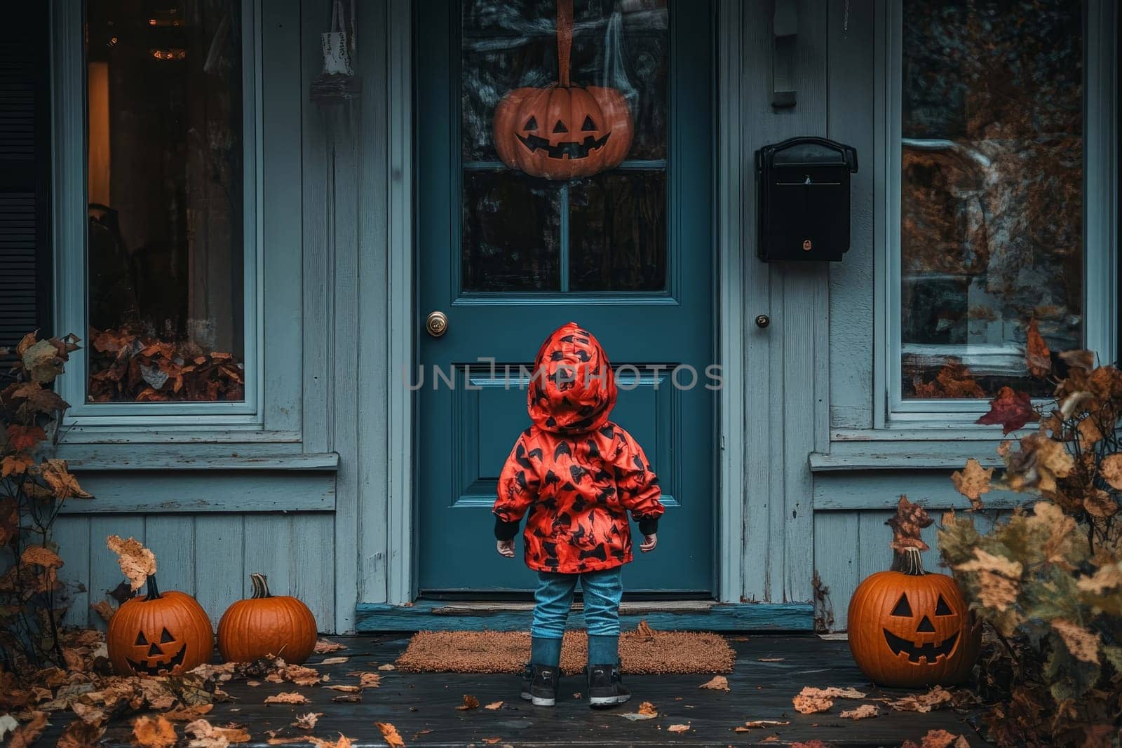 Child in red costume standing before a blue door decorated with jack-o'-lanterns and autumn leaves, creating a charming Halloween scene.