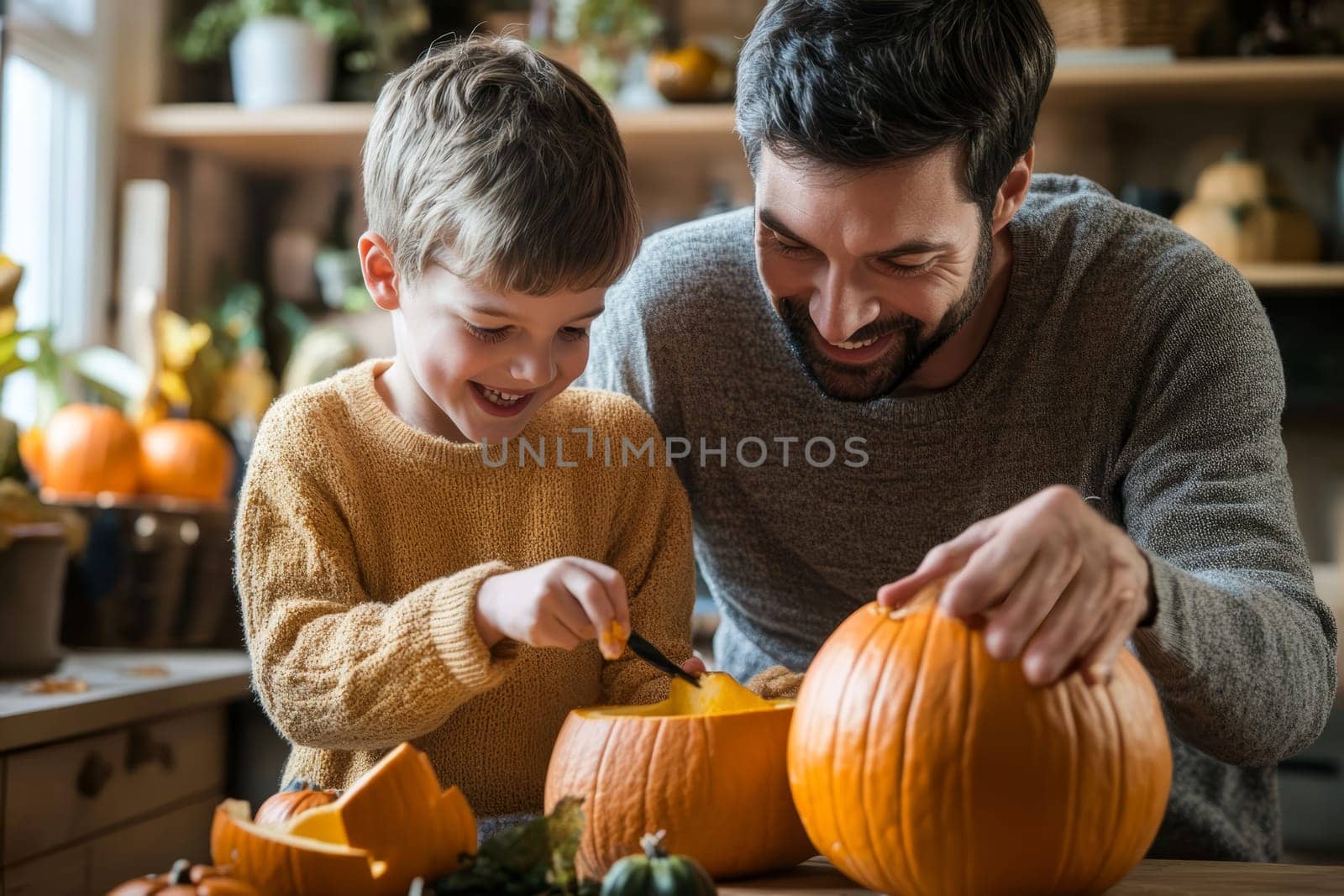 A heartwarming scene of a father and son working together to carve a pumpkin, capturing the essence of family bonding and autumn traditions.
