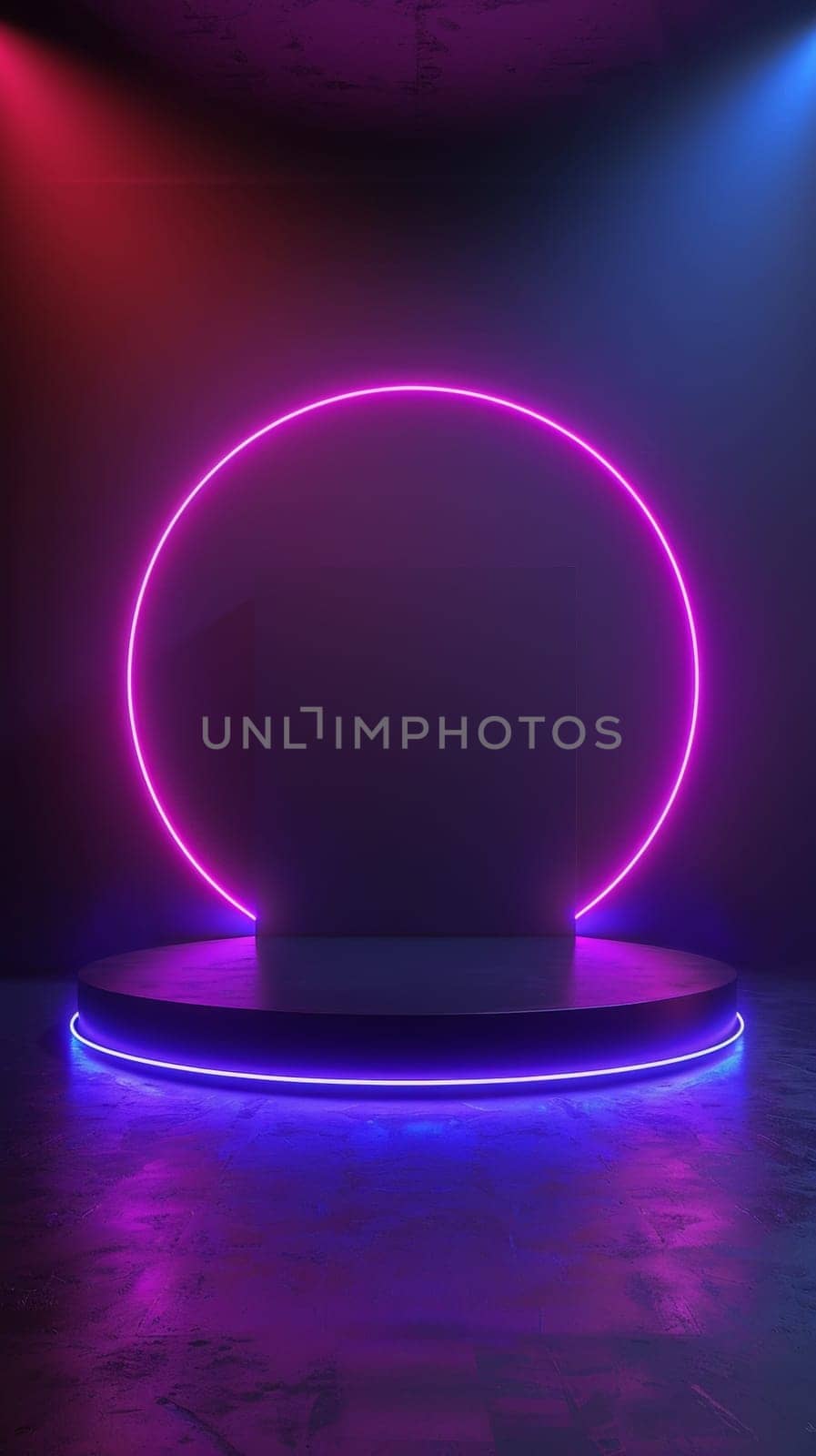 A striking neon circle illuminates a futuristic podium against a vibrant purple and blue backdrop, creating an eye-catching display for product presentation