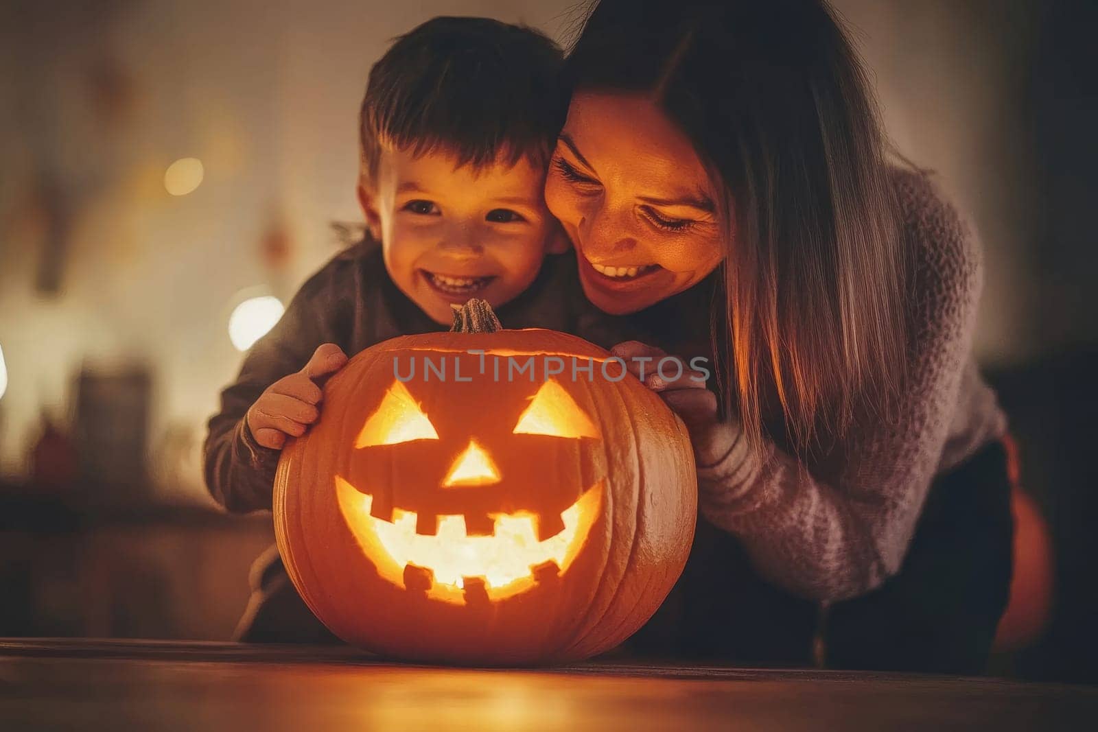 Mother and child enjoying a glowing jack-o'-lantern in warm, cozy ambiance, capturing the magic and excitement of Halloween traditions.