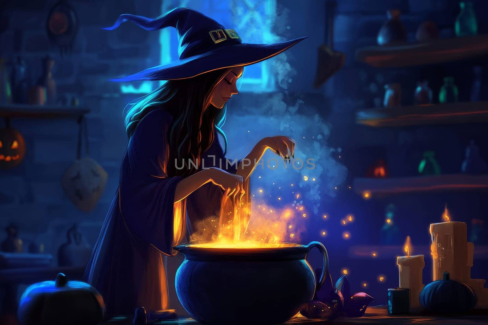Digital illustration of a witch in a pointed hat casting a spell over a glowing cauldron, surrounded by magical items in a dimly lit, mystical room.