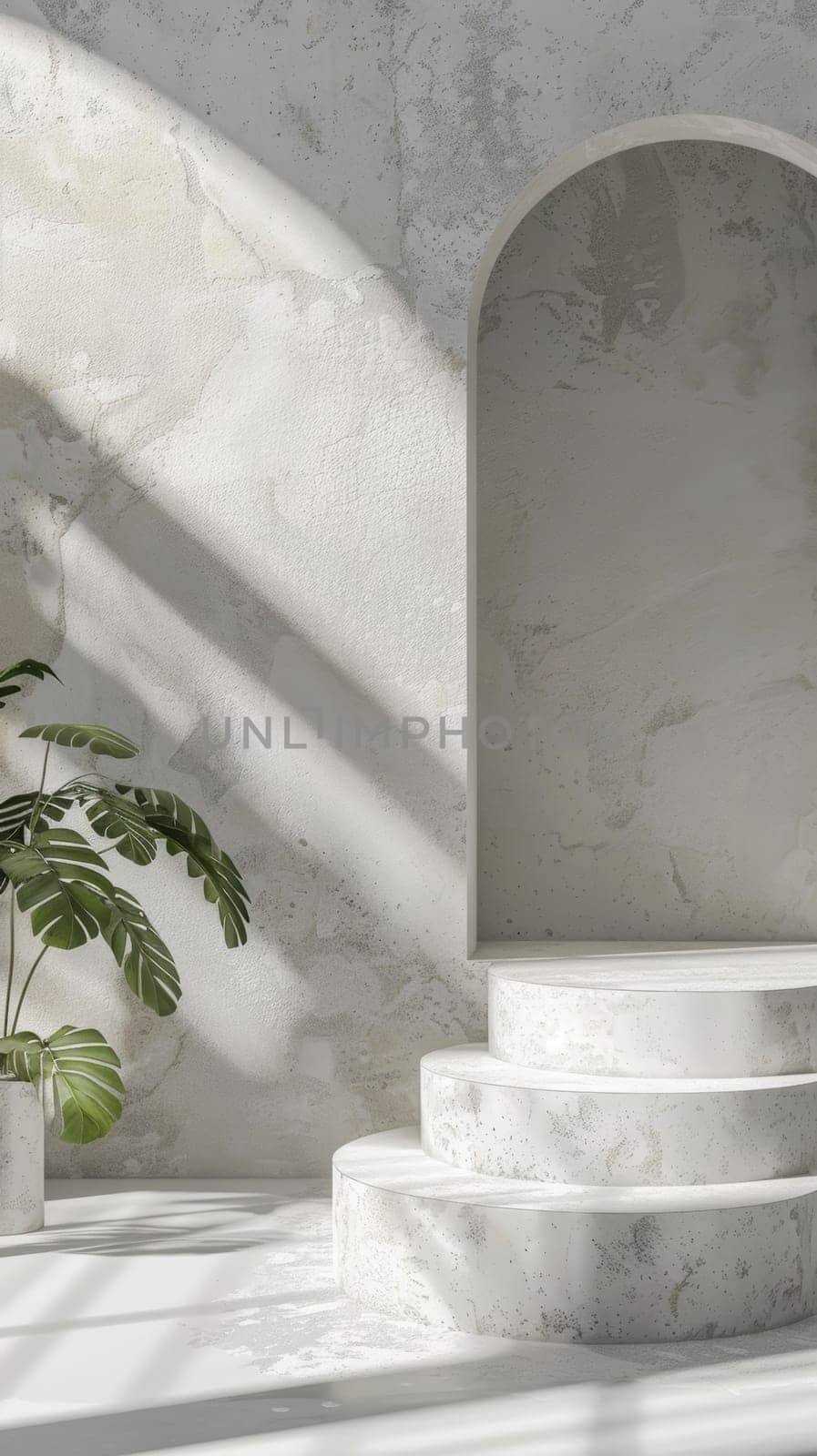 Soft light streams through an arched window onto a curved white staircase, with a lush tropical plant adding a touch of green