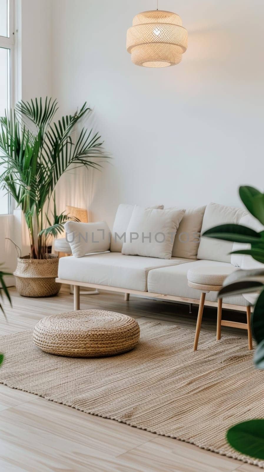 A modern living room boasts a comfortable beige couch and a natural woven footrest, complemented by indoor palms and a bamboo lampshade