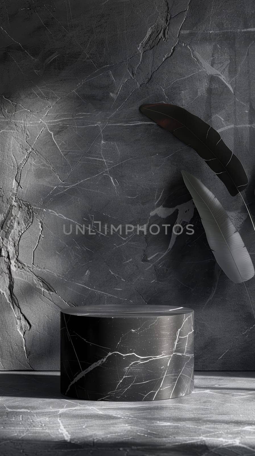 Two feathers seemingly suspended in mid-air above a black cylindrical object with a dark marble textured background