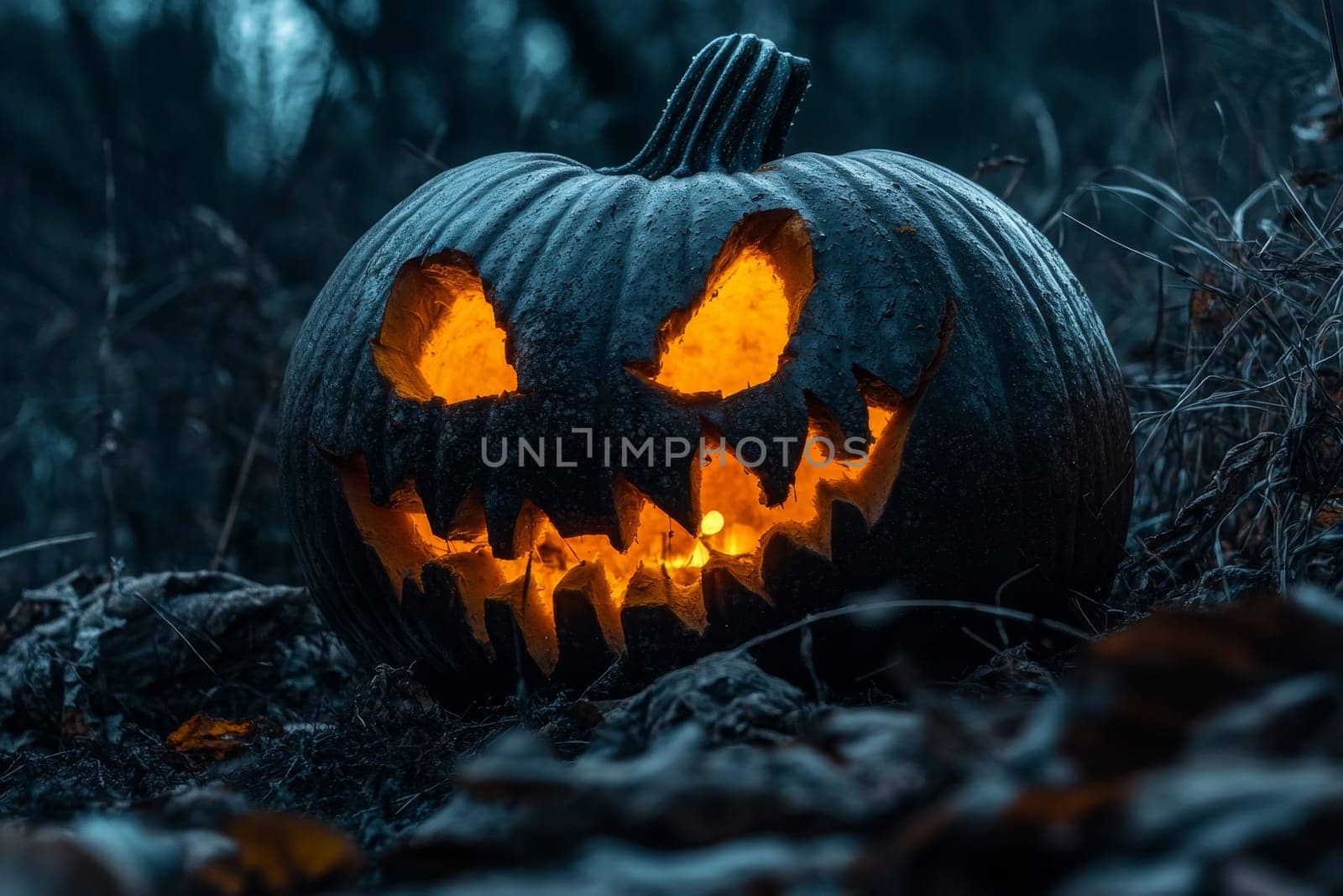 Spooky carved pumpkin glowing in the dark with an evil grin, creating a haunting Halloween atmosphere in a misty forest setting.