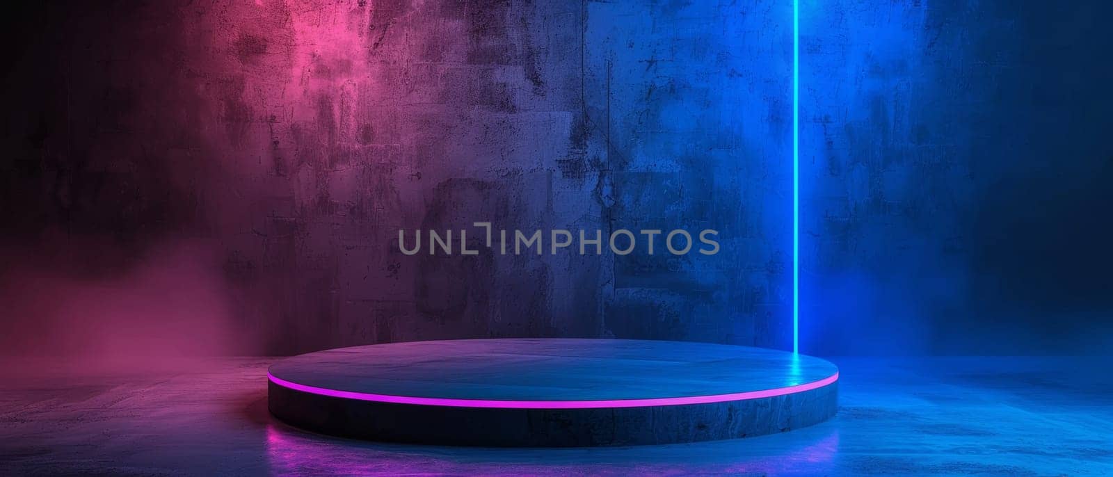 A raised, circular stage with vibrant blue and pink lighting, creating an eye-catching and futuristic setting for product demonstrations, presentations, or live shows