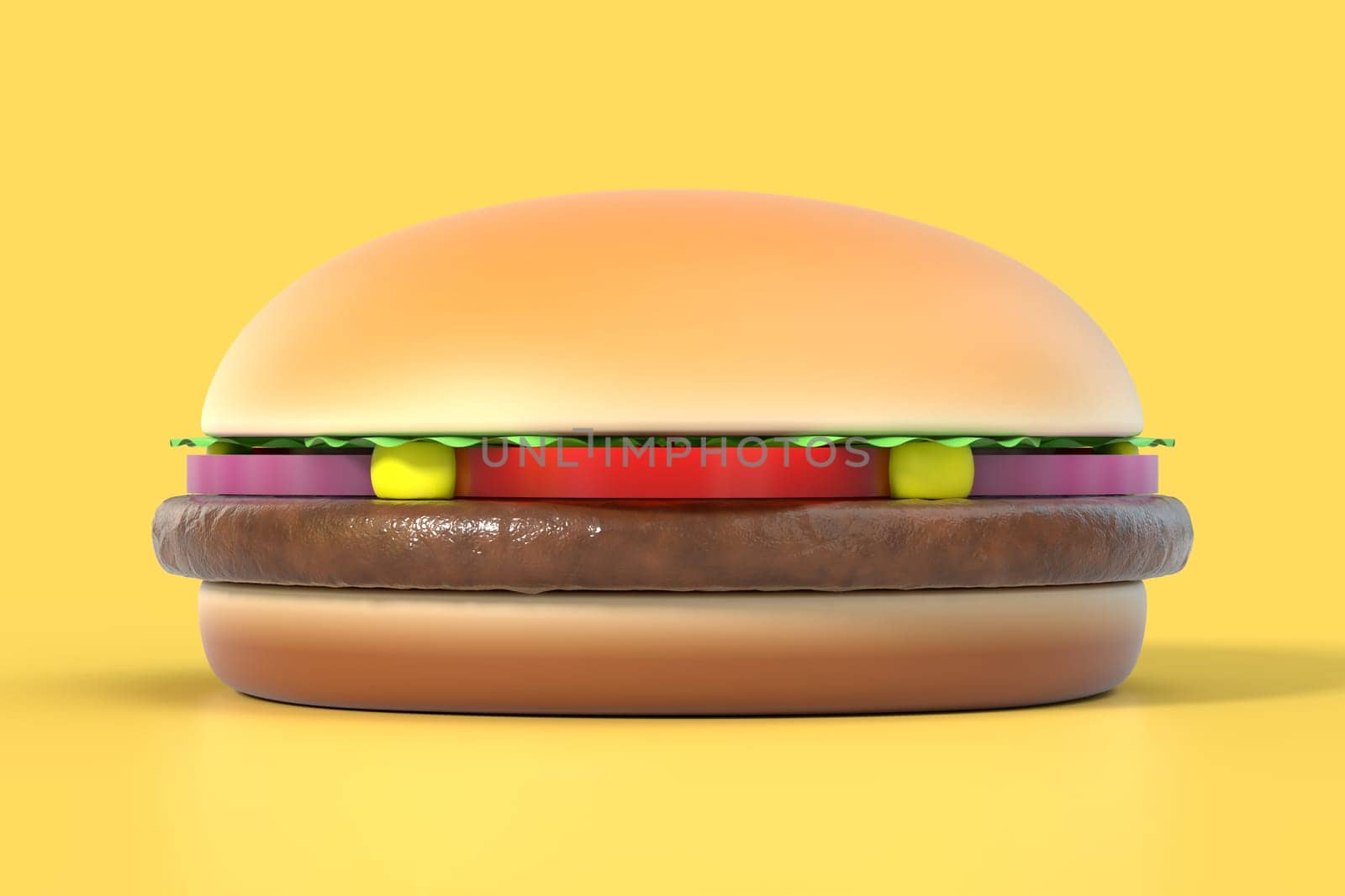 Fast food hamburger on yellow background. American cuisine burger. Graphic design element for restaurant advertisement, menu, poster, flyer. 3D illustration