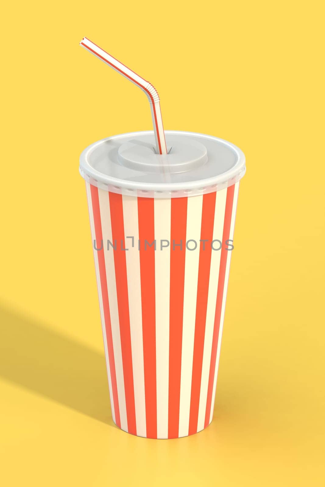 Fast food cola drink cup, drinking straw. Generic striped beverage package on yellow background with shadow. Graphic design element for restaurant advertisement, menu, poster, flyer. 3D illustration