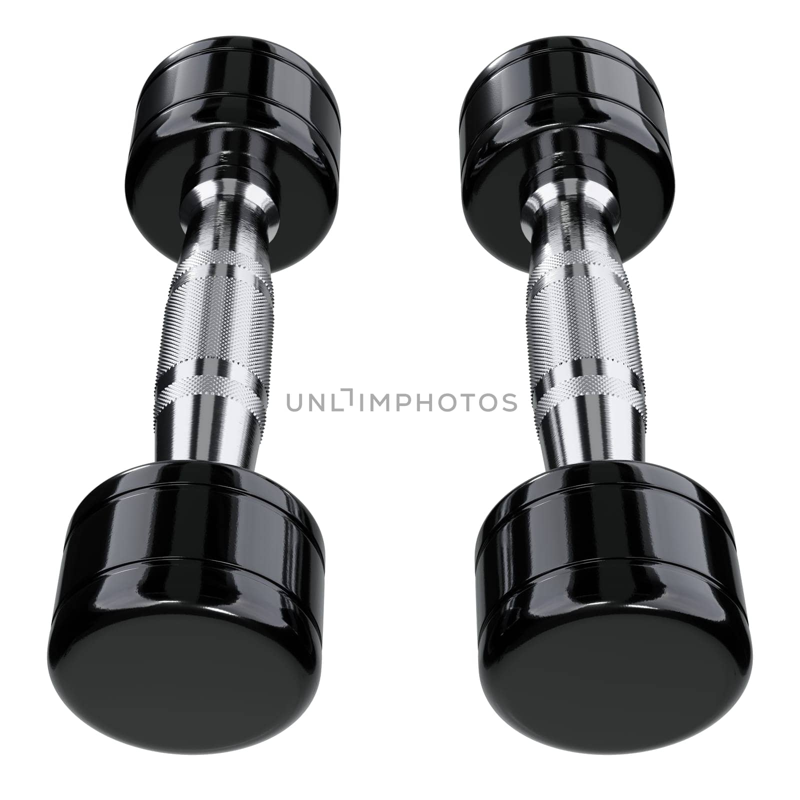 Two blank Round Dumbbells, chrome weightlifting gym equipment top view, isolated on white background. 3D illustration