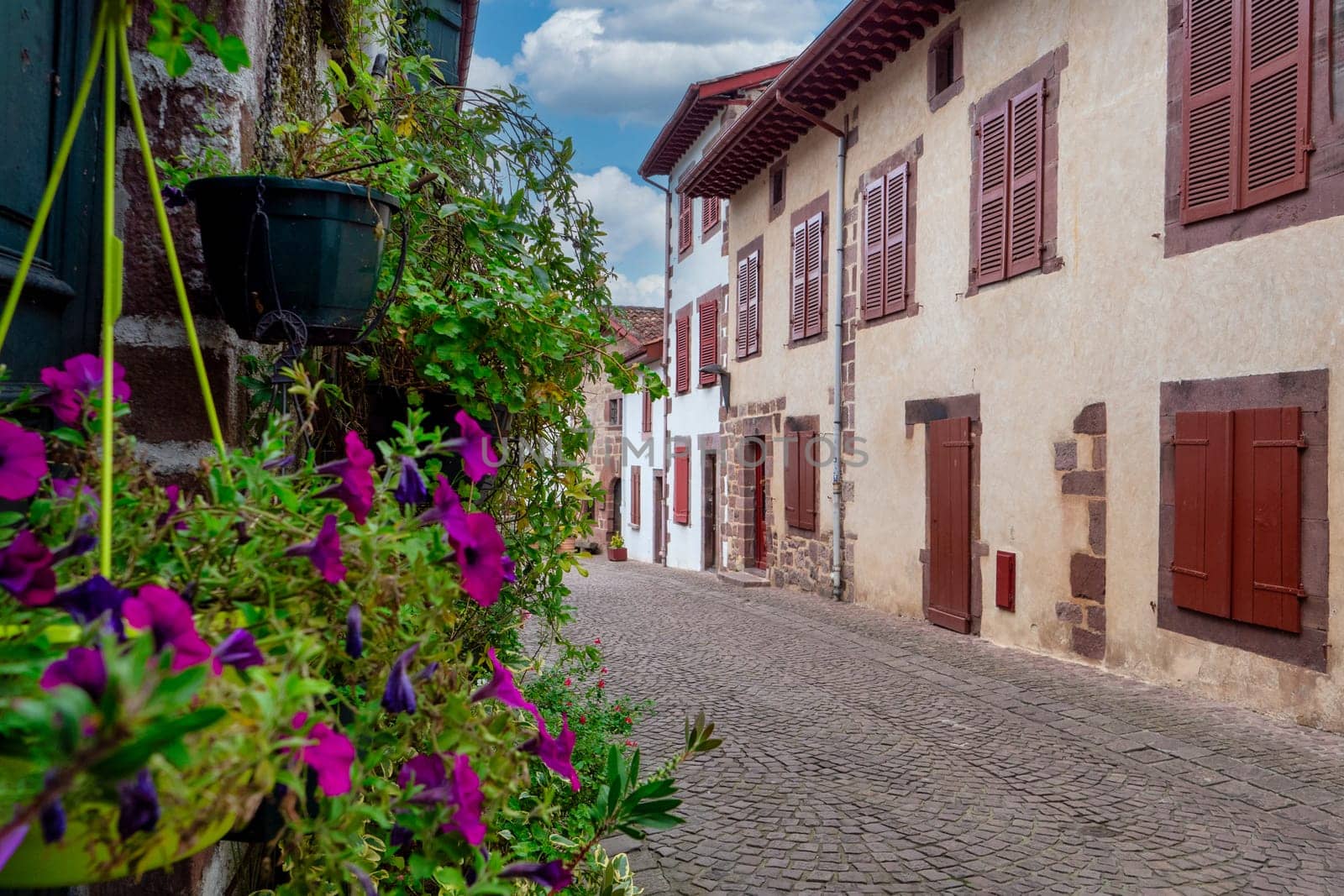 Saint Jean Pied de Port, street with a brick sidewalk and a row of houses. The houses are white and brown. There are flowers in a planter on the sidewalk