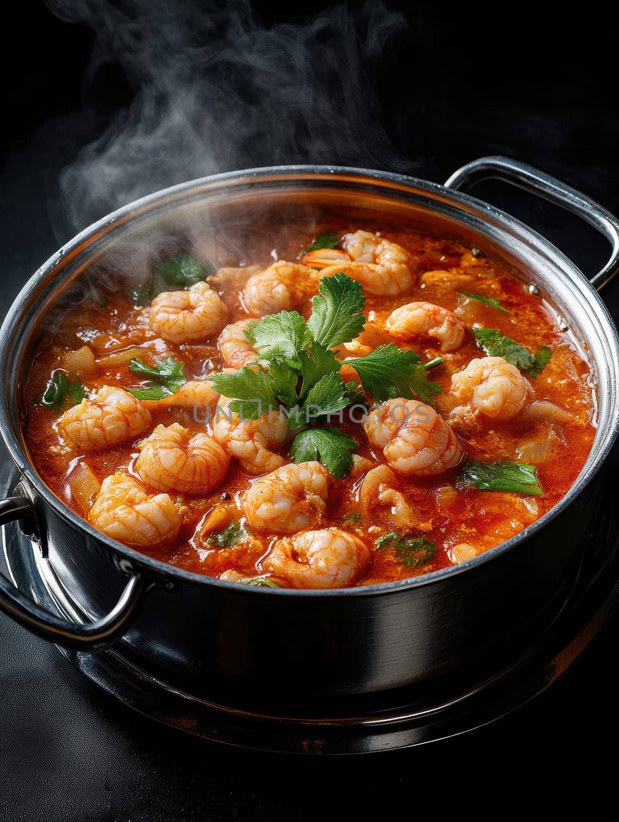 crawfish in a hot pot, full of red sauce . AI generative.