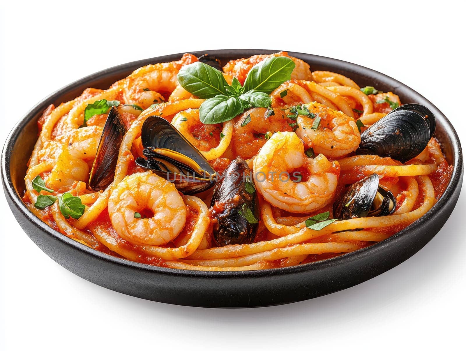Pasta with seafood in tomato sauce, and shrimp and clams. AI generative.