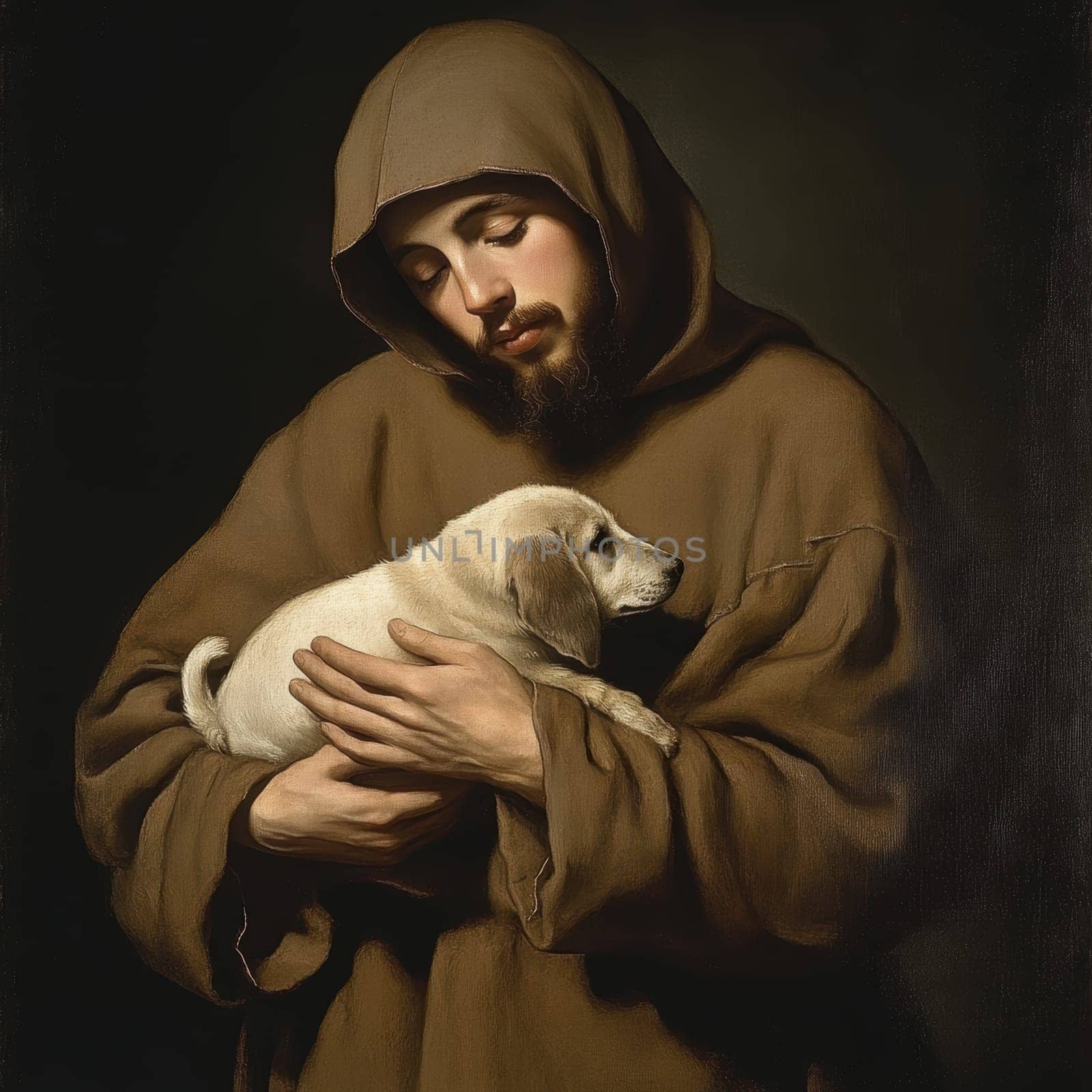 st Francis of Assisi, young man, monk, beard, brown clothing, AI generative.