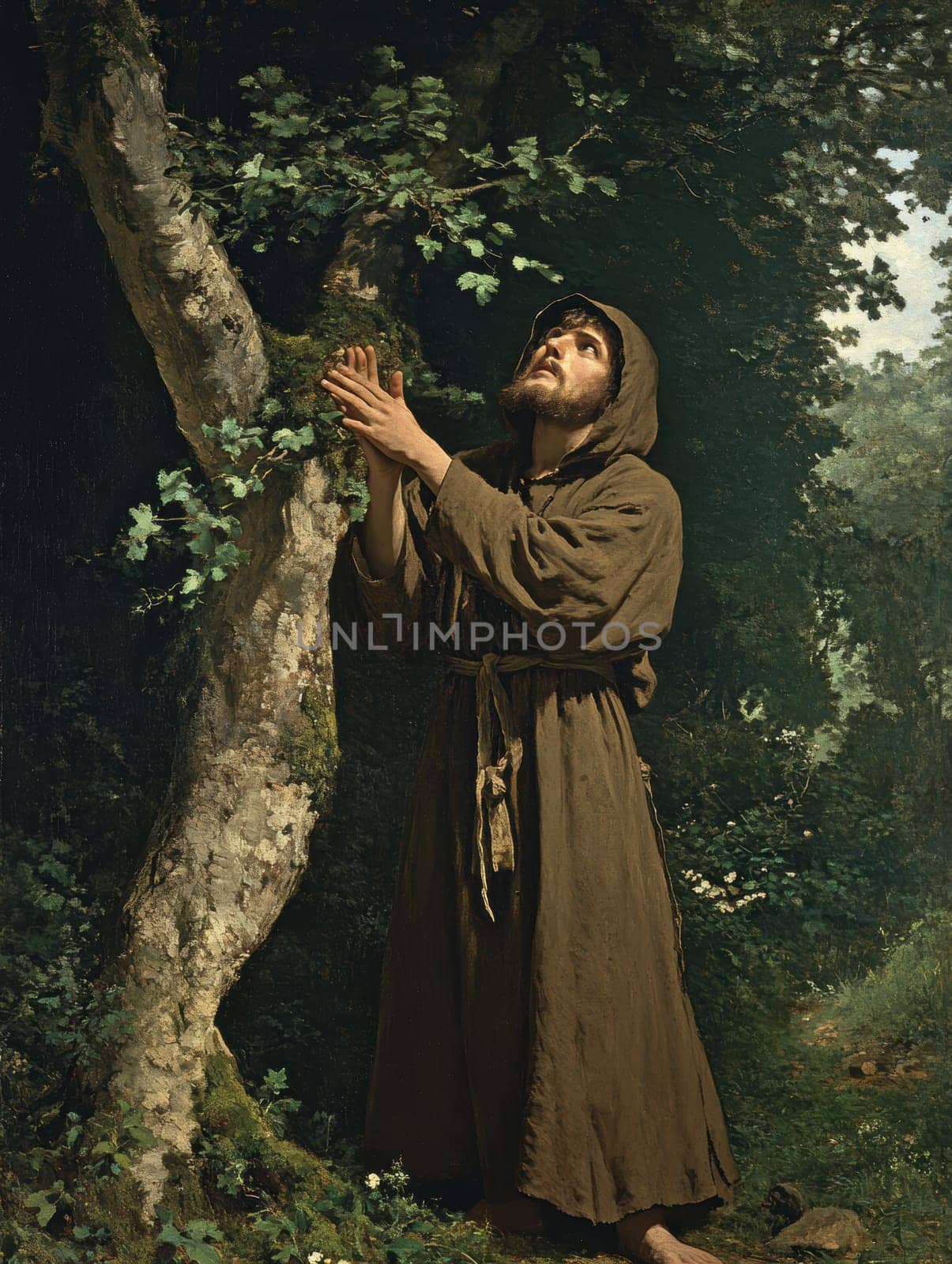 st Francis of Assisi, young man, monk, beard, brown clothing, AI generative.