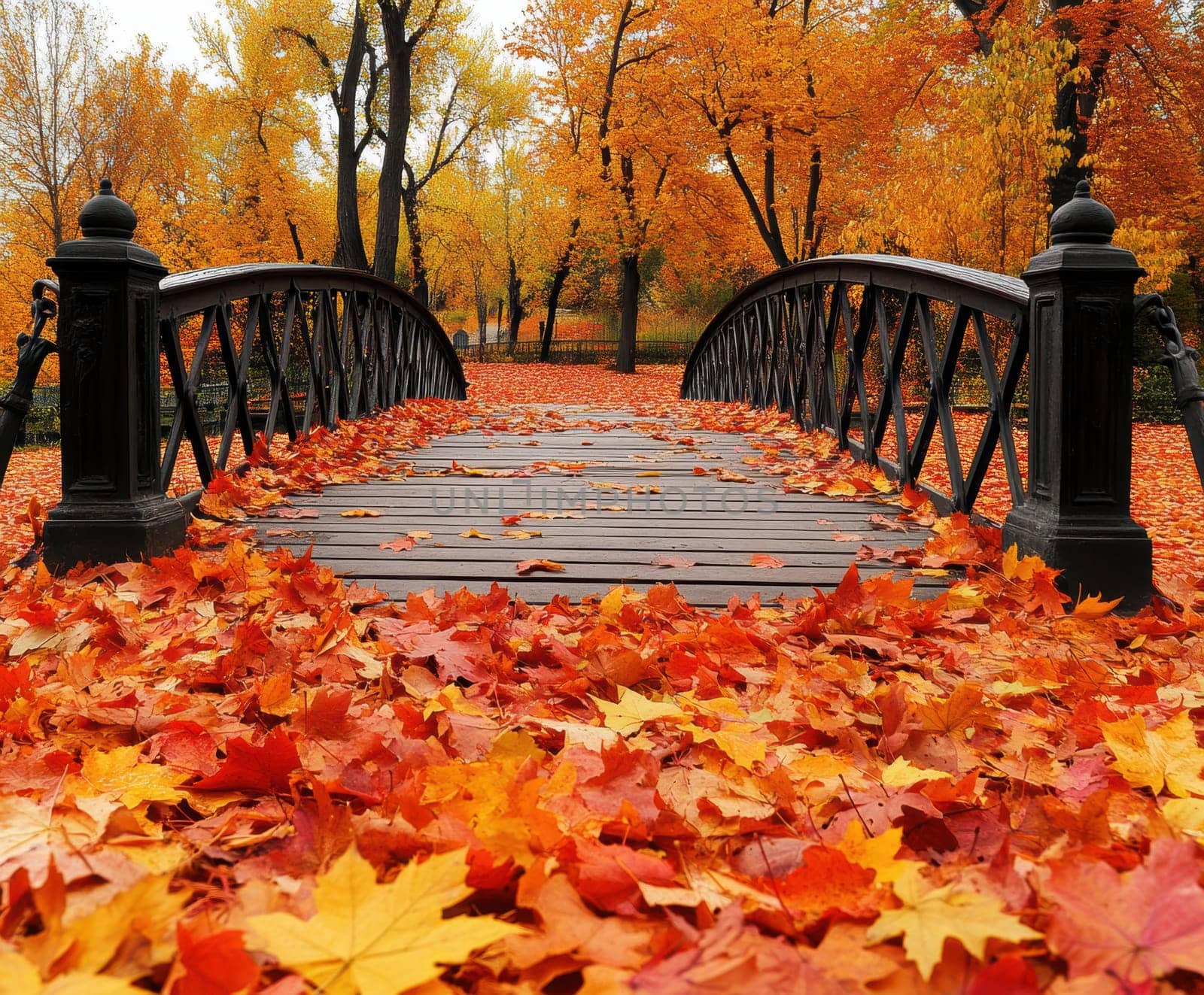 Red wooden bridge, autumn maple leaves. AI generative.