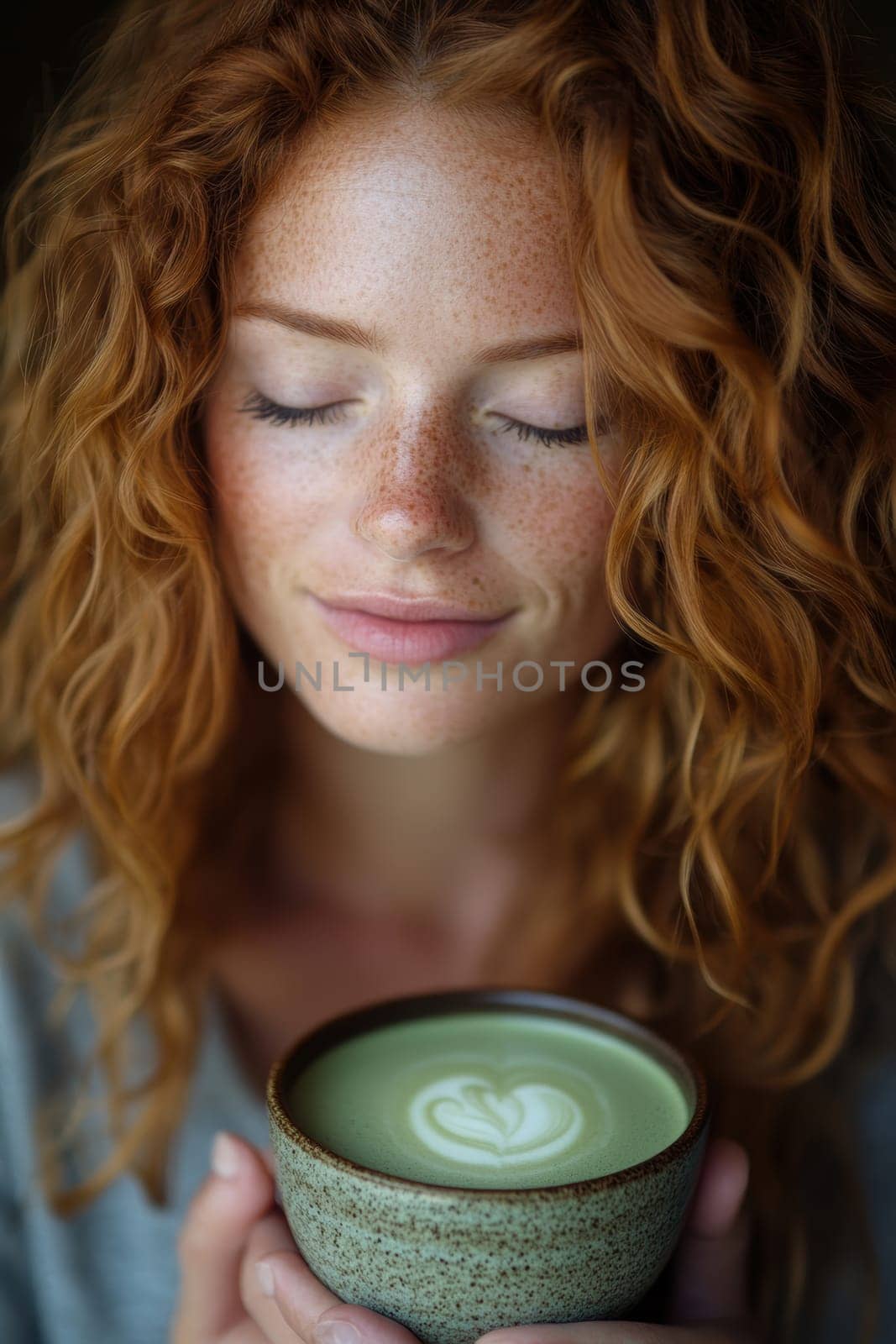 sitting smiling young woman drinking matcha tee. AI generative.