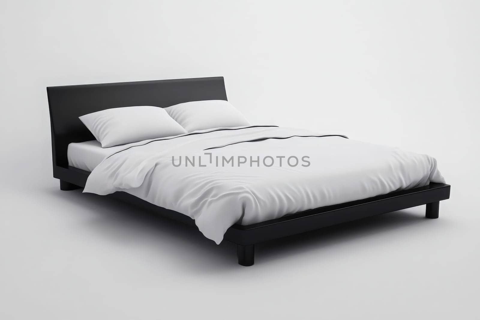 This setting features a minimalist black bed with crisp white bedding, showcasing a clean and tranquil aesthetic ideal for modern interiors.
