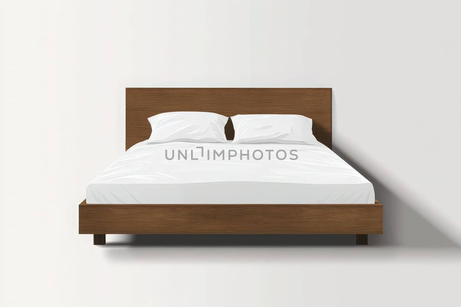A clean, minimalist bed is styled with crisp white linens on a brown wooden frame. The simplicity of the design creates a serene and inviting atmosphere in the room.