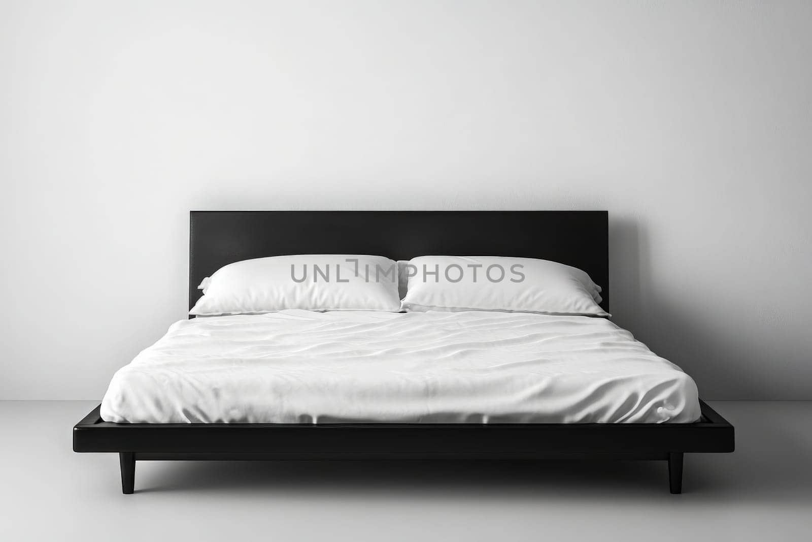 The bed features a sleek, modern design with a dark wood frame and crisp white bedding. It is positioned in a minimalistic room, emphasizing a calming atmosphere.