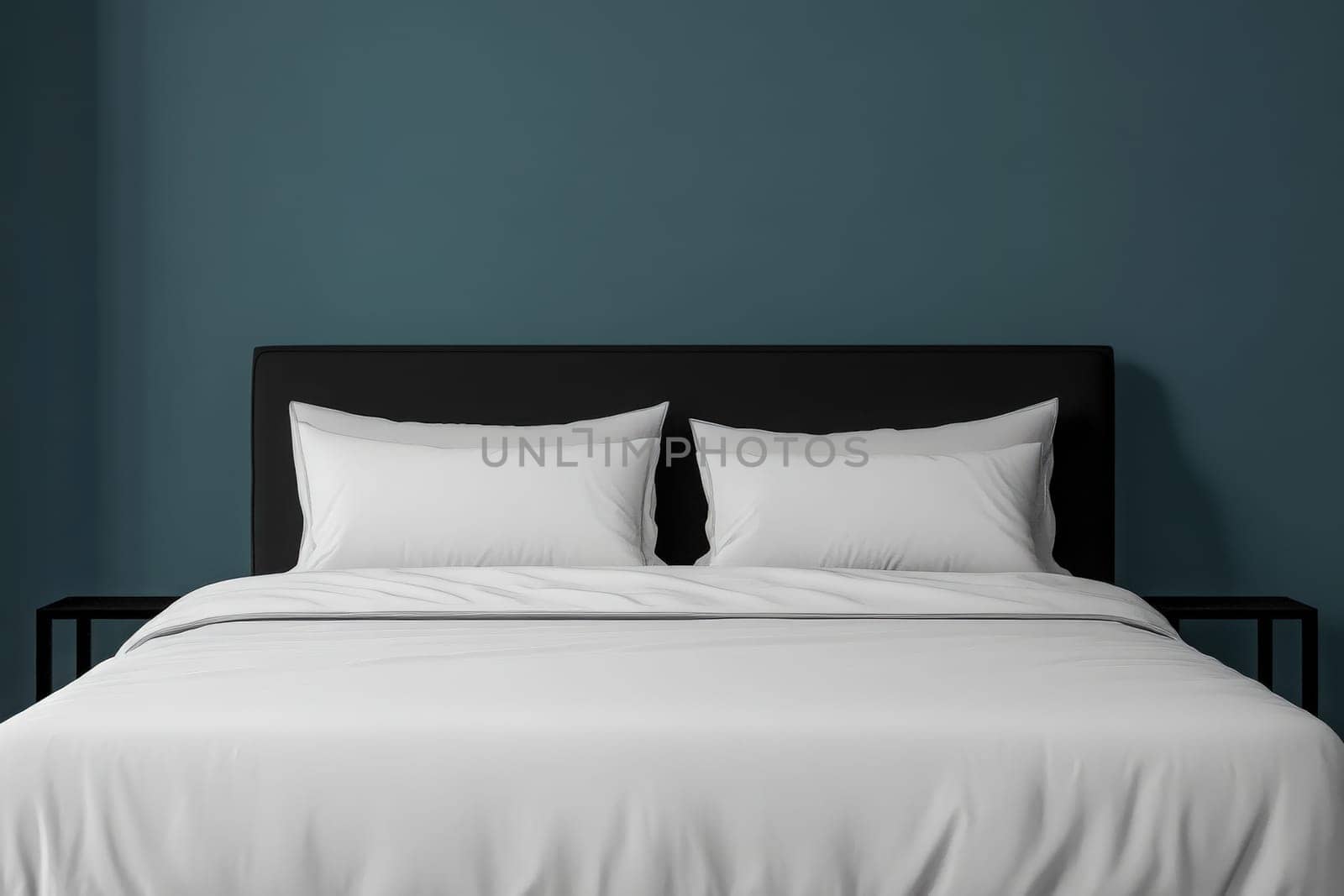 The bed features crisp white bedding and plush pillows, presenting a calming atmosphere. The simple design highlights the minimalist approach, making it ideal for relaxation.
