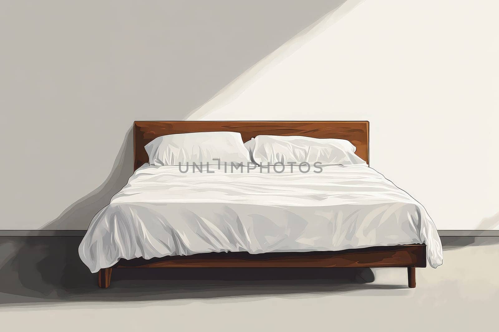 A wooden bed with crisp white linens sits against a light-colored wall in a clean, minimalist environment, creating a tranquil atmosphere. The simplicity invites relaxation and comfort.
